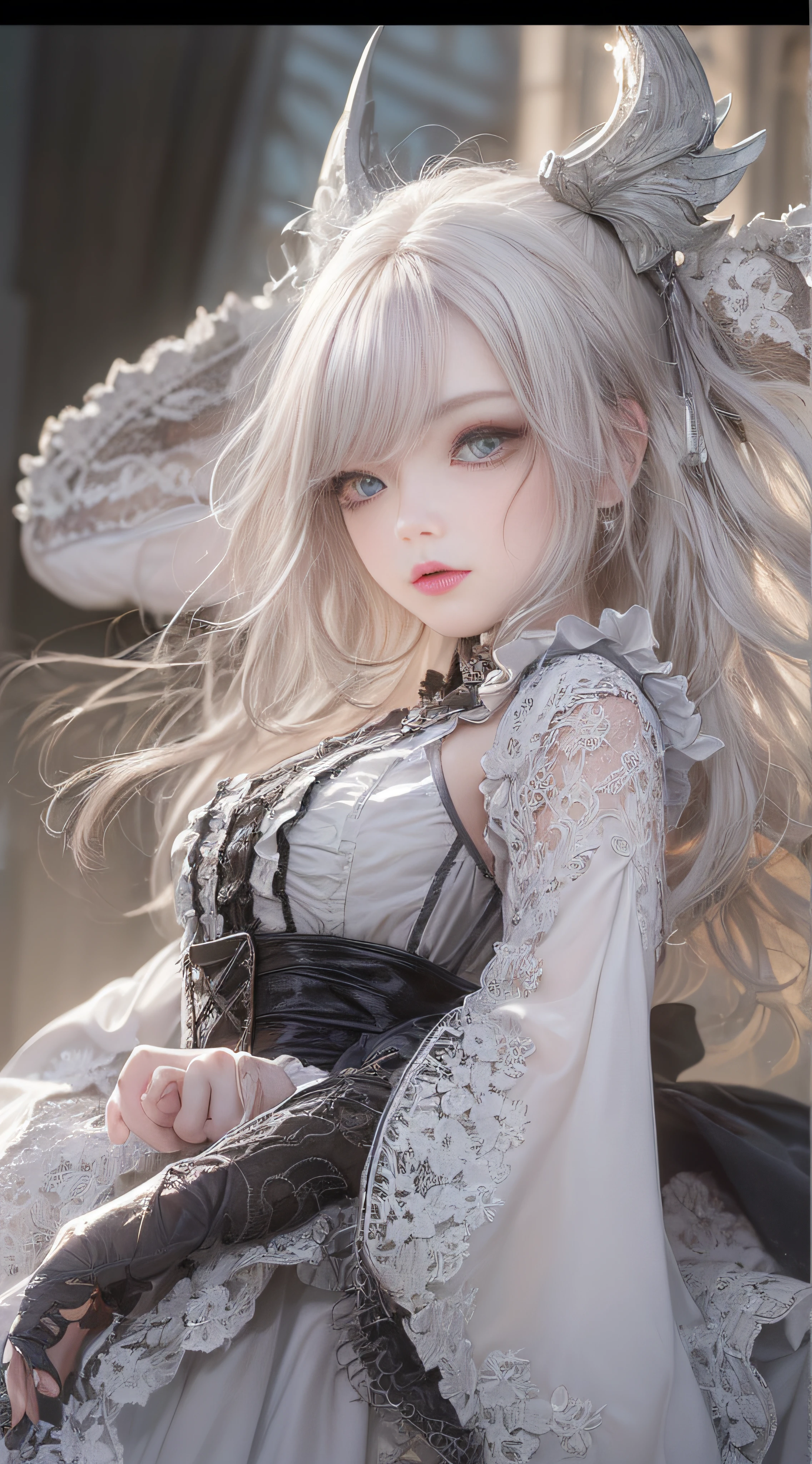 (((Masterpiece))), (((top quality))), (((super detailed))), Fighting a dragon on a castle, holding a very large gothic designed sword, very dark and spooky castle, dark light of the moon, One woman in Gothic Lolita fashion, , anatomy (beautiful grey eyes, very large slit eyes, delicate, lonely, beautiful eyes, very long eyelashes, thin nose, small mouth, thin lips, thin body, slightly long neck, slightly thin shoulders, long thin arms, long thin legs), accurate pose (facing forward Accurate make-up (unhealthy complexion, natural make-up, light brown eyeshadow, very light pink blush, natural and natural very light pink lipstick), accurate skin (translucent white, perfectly smooth skin texture), accurate hair (bright clean silver hair, curls vertically, long, windswept hair), accurate outfit (black dress with ruffles and lace with Shoulders are visible), accurate lighting (Very dark light, oblique lighting) photographic equipment (SLR, single focus lens), settings (f/1.8, S400, ISO 100), accurate full-body, highly photorealistic,