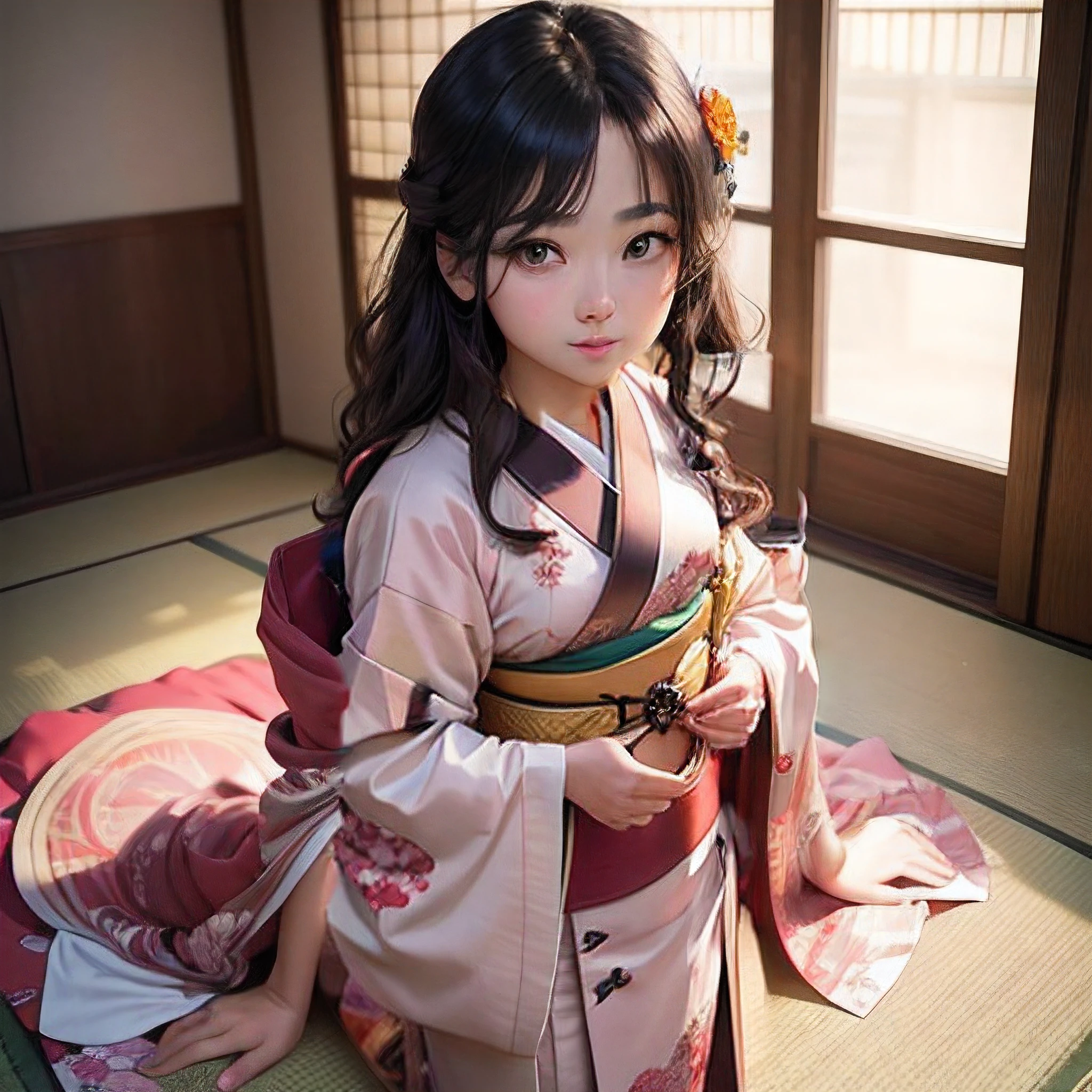 A 5--old anese girl goddess, facing forward, sitting on a lotus flower, mandala background, glittering background, correct fingers, correct toes, wearing a beautiful kimono,