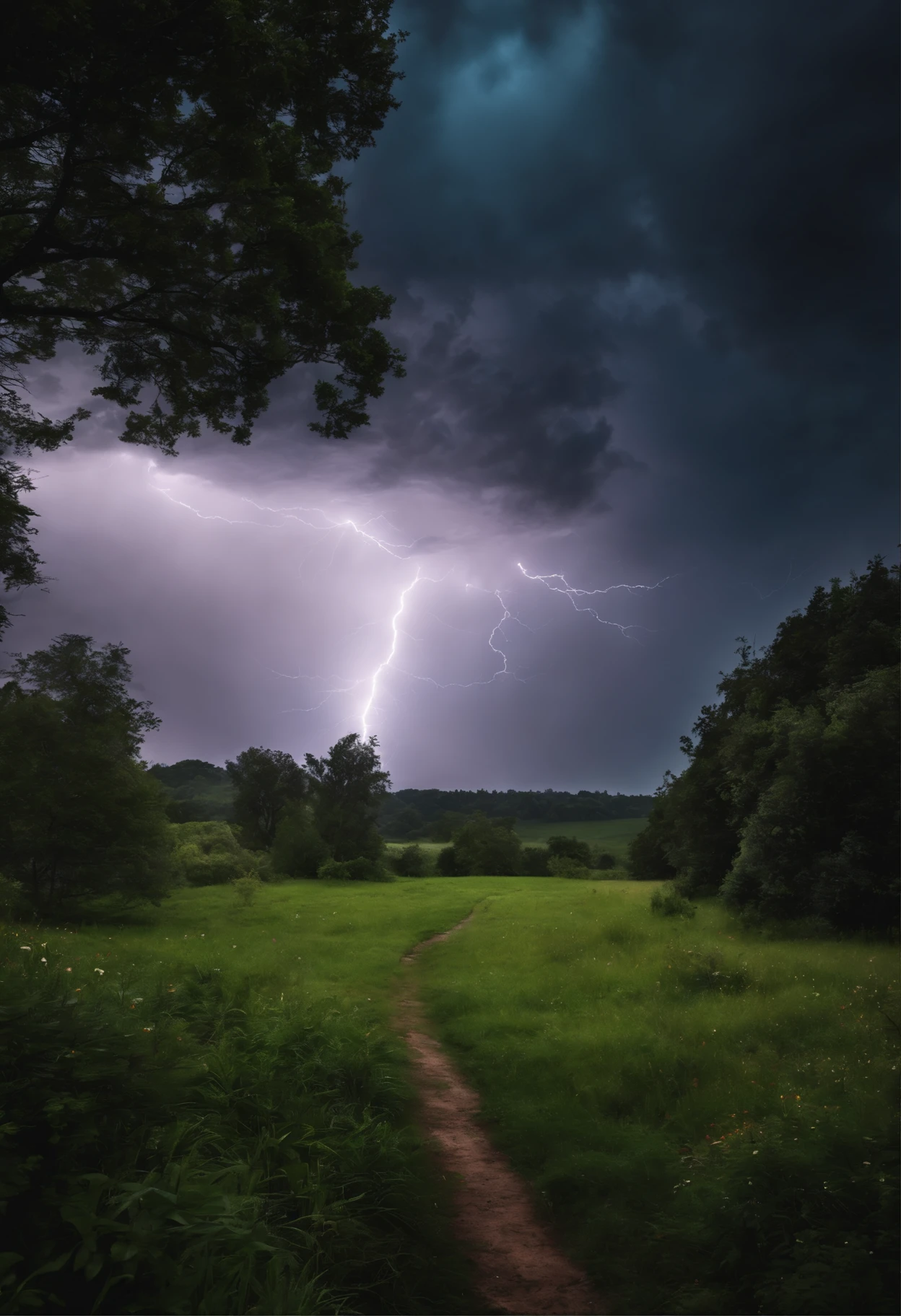 A large place with lots of grass and plants, with a cloudy and dark atmosphere, accompanied by lightning strikes