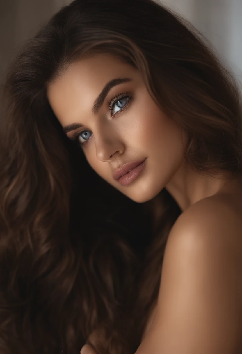 Arafed woman completely , fille sexy aux yeux bruns, ultra realist, Meticulously detailed, Portrait Sophie Mudd, cheveux bruns et grands yeux, selfie of a young woman, Yeux de chambre, Violet Myers, sans maquillage, maquillage naturel, looking straight at camera, Visage avec Artgram, Maquillage subtil, Great photo of the whole body kneeling on the bed, dans la chambre,  Buste de grande taille, seins nus visibles