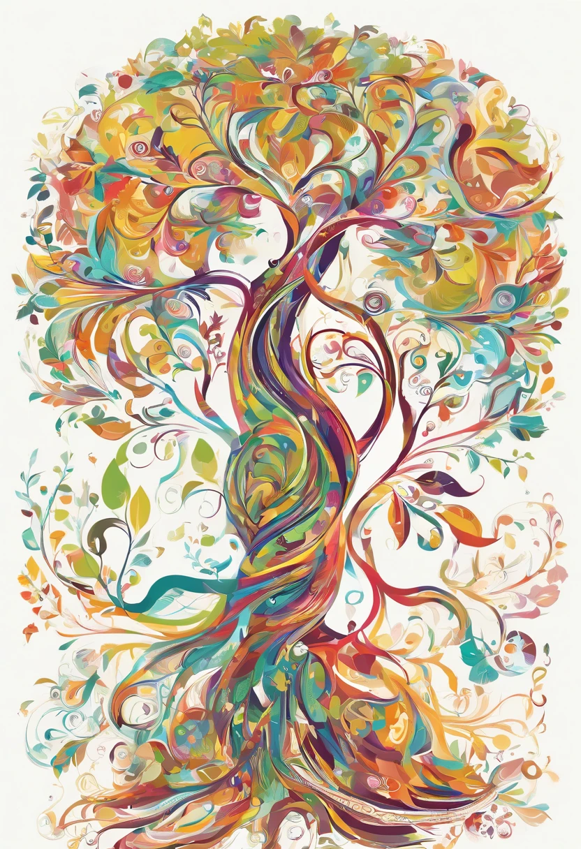 Arbomorph A hug of woman and man turns into a leafy tree, with roots as legs, branches like arms, some leaves fly on a white background,l
