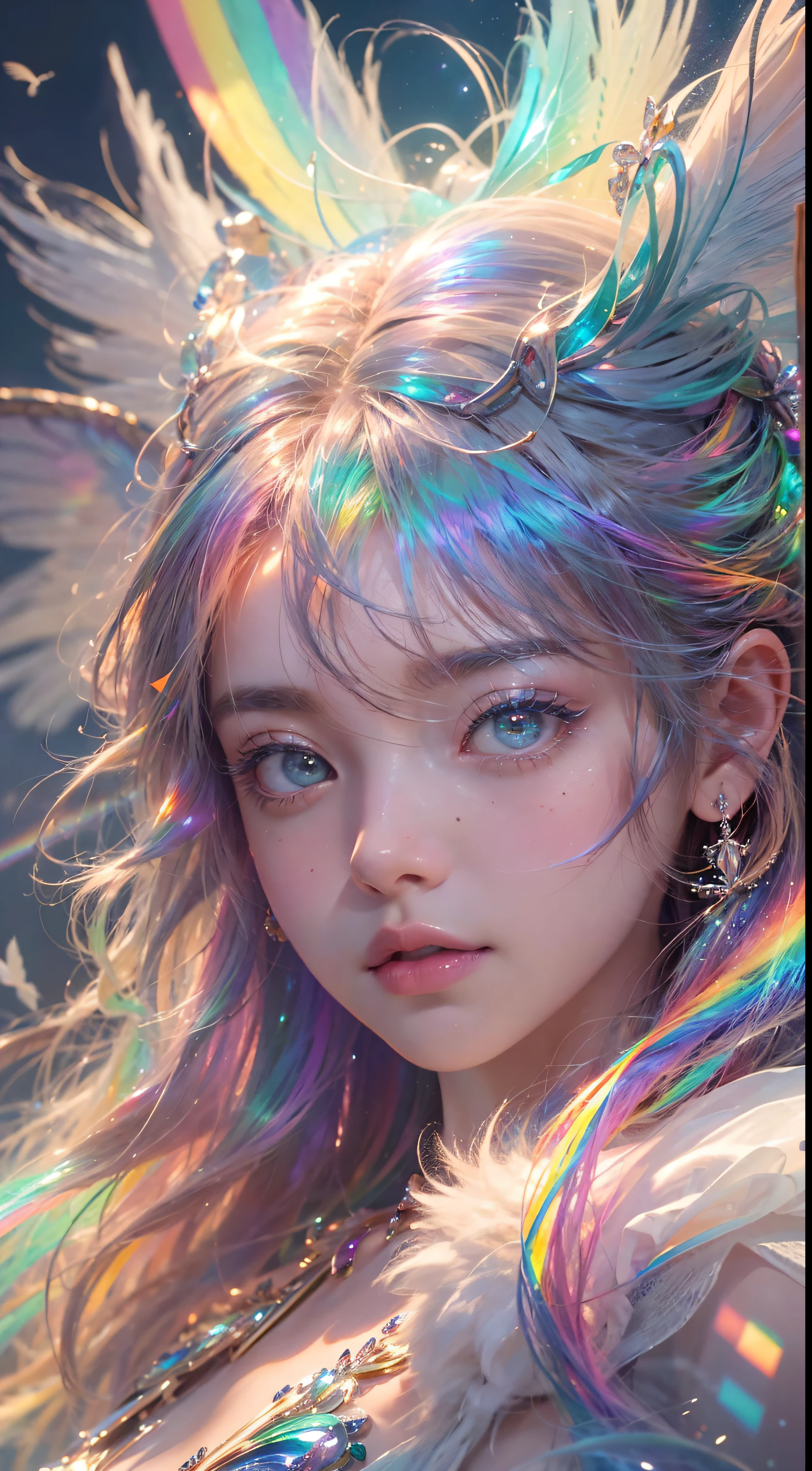 (((masterpiece))), (((best quality))), ((ultra-detailed)),(highly detailed CG illustration), ((an extremely delicate and beautiful)),cinematic light, Create a stunning fantasy artwork that mimics the style of currently trending masters of the genre. The art piece should contain elements of both mythic fantasy and fairytale fantasy with dreamy rainbow accents. ((Utilize the rainbow as the main color scheme.)) The character in the artwork is a delicate but strong petite figure with an aura of mystery and magic and (beautiful translucent rainbow wings). Pay close attention to intricate facial features, such as mesmerizing eyes with vibrant colors and bold shading. The character's clothing should be designed with gossamer feathers, silk, stunning embroidery, and subtle iridescent details. Incorporate (((translucent rainbows))), dreamy colors, dynamic lighting, and detailed background elements to create a sense of awe and immersion. Include colorful flying magical birds and jewel-toned rainbow butterflies radiating a magical aura. Consider the latest trends in fantasy art, such as incorporating unique lighting effects, exploring dynamic and compelling composition techniques, and experimenting with unique color palettes. Take inspiration from the top artists on ArtStation and Midjourney. Camera: Choose an angle that highlights the character's beauty and enhances the magical majesty of the artwork. Lighting: Utilize atmospheric lighting techniques to create depth and mood. Resolution: Aim for a high-resolution artwork to showcase intricate details and clarity. Art Inspirations: Seek inspiration from the trending artists on ArtStation, exploring different styles, genres, and themes,(8K, RAW photo, highest quality),Realistic,facade,Intricate detail,Extremely detailed eyes and eyelashes,Portrait,Close-up,, digital SLR camera, super quality, Fujifilm realistic, vivid details, surreal, beautiful wallpapers, 8k, best quality, masterpiece, extremely detailed, pc graphics, unity,