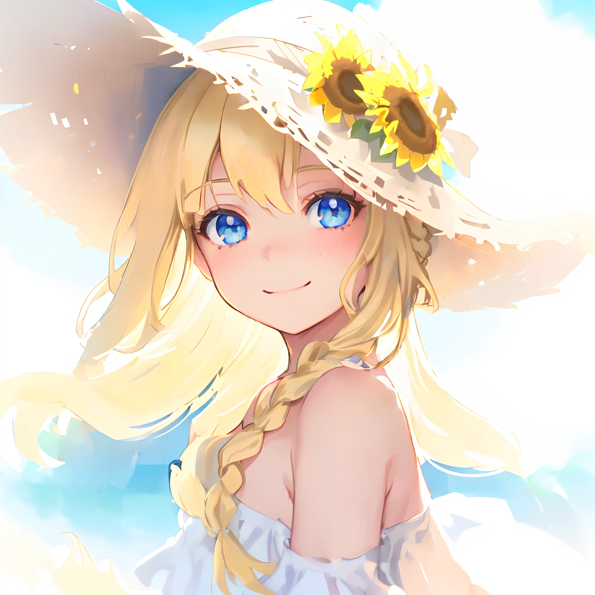 closeup portrait of girl in a (frilly plain white off-shoulder strapless sundress), (flowing blonde braided hair), blue eyes, very large straw hat, sunflowers, grass, windy, smile, looking at camera, extremely detailed, best quality, beautiful, masterpiece, pastel colors, high details, bokeh, depth-of-field, soft