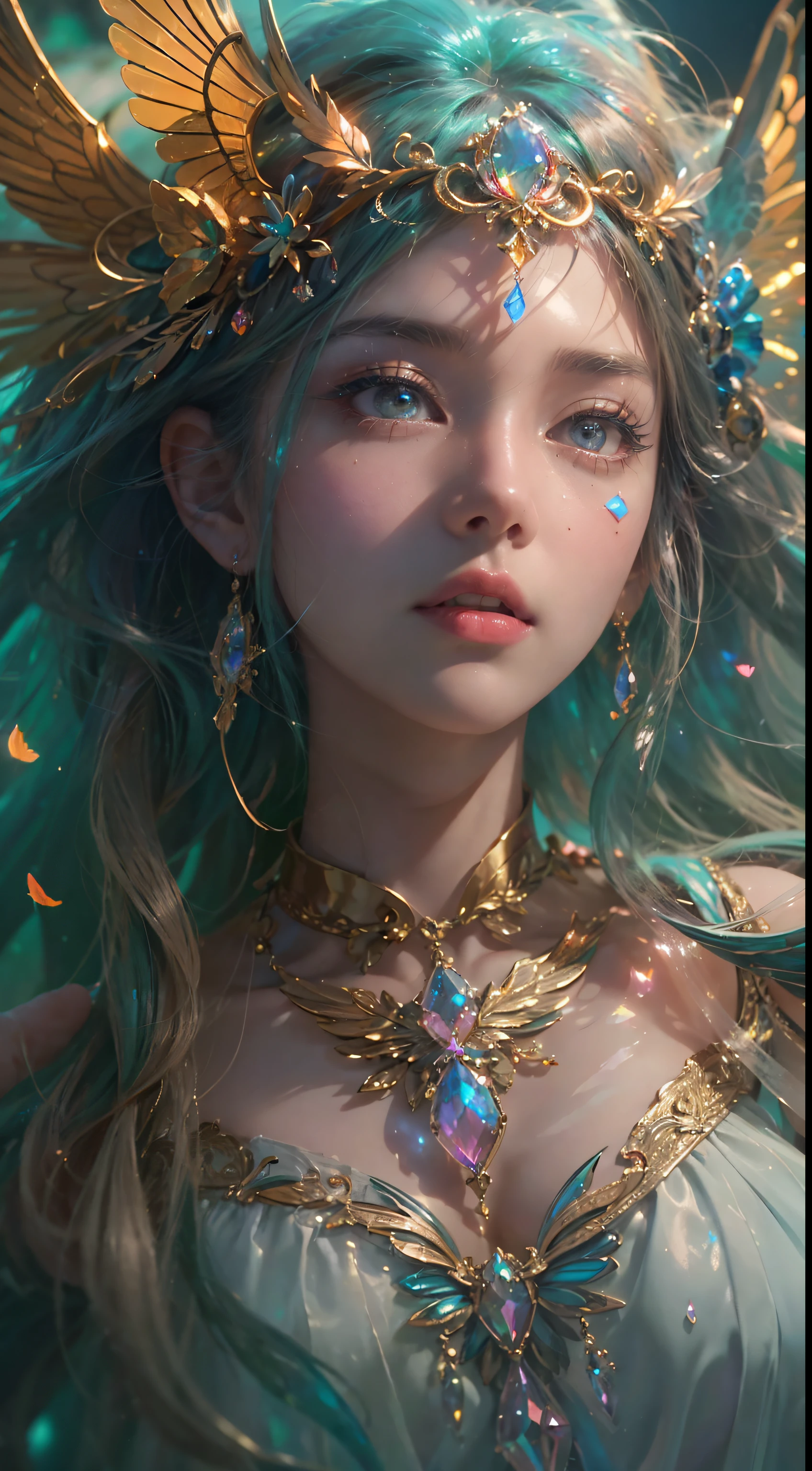 (((masterpiece))), (((best quality))), ((ultra-detailed)),(highly detailed CG illustration), ((an extremely delicate and beautiful)),cinematic light, Create a stunning fantasy artwork that mimics the style of currently trending masters of the genre. The art piece should contain elements of both mythic fantasy and fairytale fantasy with dreamy rainbow accents. ((Utilize the rainbow as the main color scheme.)) The character in the artwork is a delicate but strong petite figure with an aura of mystery and magic and (beautiful translucent rainbow wings). Pay close attention to intricate facial features, such as mesmerizing eyes with vibrant colors and bold shading. The character's clothing should be designed with gossamer feathers, silk, stunning embroidery, and subtle iridescent details. Incorporate (((translucent rainbows))), dreamy colors, dynamic lighting, and detailed background elements to create a sense of awe and immersion. Include colorful flying magical birds and jewel-toned rainbow butterflies radiating a magical aura. Consider the latest trends in fantasy art, such as incorporating unique lighting effects, exploring dynamic and compelling composition techniques, and experimenting with unique color palettes. Take inspiration from the top artists on ArtStation and Midjourney. Camera: Choose an angle that highlights the character's beauty and enhances the magical majesty of the artwork. Lighting: Utilize atmospheric lighting techniques to create depth and mood. Resolution: Aim for a high-resolution artwork to showcase intricate details and clarity. Art Inspirations: Seek inspiration from the trending artists on ArtStation, exploring different styles, genres, and themes,(8K, RAW photo, highest quality),Realistic,facade,Intricate detail,Extremely detailed eyes and eyelashes,Portrait,Close-up,, digital SLR camera, super quality, Fujifilm realistic, vivid details, surreal, beautiful wallpapers, 8k, best quality, masterpiece, extremely detailed, pc graphics, unity,