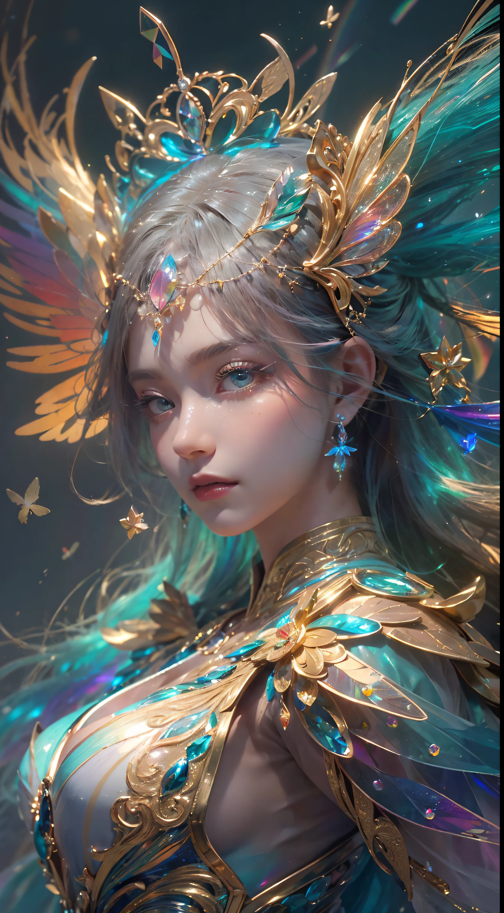 (((masterpiece))), (((best quality))), ((ultra-detailed)),(highly detailed CG illustration), ((an extremely delicate and beautiful)),cinematic light, Create a stunning fantasy artwork that mimics the style of currently trending masters of the genre. The art piece should contain elements of both mythic fantasy and fairytale fantasy with dreamy rainbow accents. ((Utilize the rainbow as the main color scheme.)) The character in the artwork is a delicate but strong petite figure with an aura of mystery and magic and (beautiful translucent rainbow wings). Pay close attention to intricate facial features, such as mesmerizing eyes with vibrant colors and bold shading. The character's clothing should be designed with gossamer feathers, silk, stunning embroidery, and subtle iridescent details. Incorporate (((translucent rainbows))), dreamy colors, dynamic lighting, and detailed background elements to create a sense of awe and immersion. Include colorful flying magical birds and jewel-toned rainbow butterflies radiating a magical aura. Consider the latest trends in fantasy art, such as incorporating unique lighting effects, exploring dynamic and compelling composition techniques, and experimenting with unique color palettes. Take inspiration from the top artists on ArtStation and Midjourney. Camera: Choose an angle that highlights the character's beauty and enhances the magical majesty of the artwork. Lighting: Utilize atmospheric lighting techniques to create depth and mood. Resolution: Aim for a high-resolution artwork to showcase intricate details and clarity. Art Inspirations: Seek inspiration from the trending artists on ArtStation, exploring different styles, genres, and themes,(8K, RAW photo, highest quality),Realistic,facade,Intricate detail,Extremely detailed eyes and eyelashes,Portrait,Close-up,, digital SLR camera, super quality, Fujifilm realistic, vivid details, surreal, beautiful wallpapers, 8k, best quality, masterpiece, extremely detailed, pc graphics, unity,