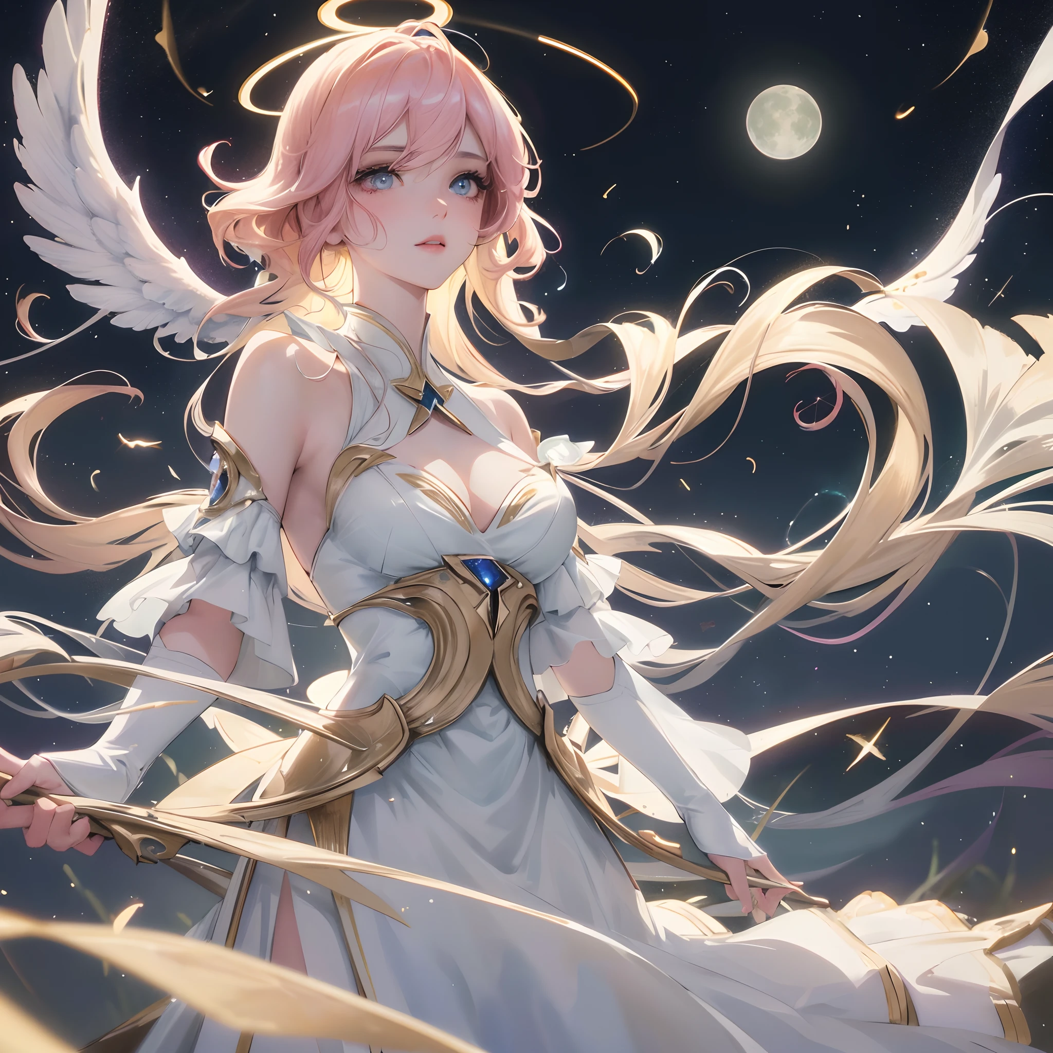 best quality, masterpiece, anime style, a beautiful woman angel,floating in the air ,lightning halo,having four beautiful white large wings ,moon, nebula, shooting stars, wearing a beautiful white dress, ultra beautiful detailed eyes, Precise iris depiction,looking at the viewer with a calm and goddess-like happiness, 
,hyper detailed face, complex, perfect, model,  textured, chiaroscuro, professional make-up, realistic, rough, dominating, figure in frame, Super beautiful background drawn by WLOP, cinematic lighting, stars, night, fireflies, near a lake, ethereal,