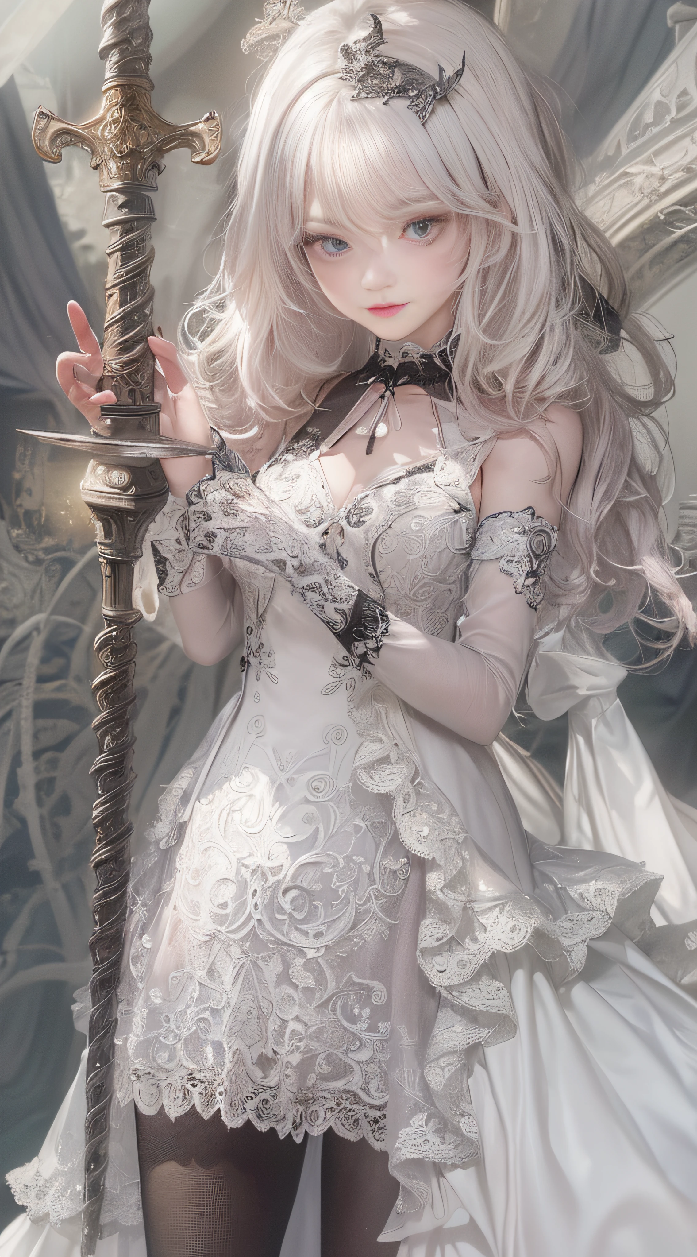 (((Masterpiece))), (((top quality))), (((super detailed))), Fighting a dragon on a castle, holding a very large gothic designed sword, very dark and spooky castle, dark light of the moon, One woman in Gothic Lolita fashion, 14 years old, anatomy (beautiful grey eyes, very large slit eyes, delicate, lonely, beautiful eyes, very long eyelashes, thin nose, small mouth, thin lips, thin body, slightly long neck, slightly thin shoulders, long thin arms, long thin legs), accurate pose (facing forward Accurate make-up (unhealthy complexion, natural make-up, light brown eyeshadow, very light pink blush, natural and natural very light pink lipstick), accurate skin (translucent white, perfectly smooth skin texture), accurate hair (bright clean silver hair, curls vertically, long, windswept hair), accurate outfit (black dress with ruffles and lace with Shoulders are visible), accurate lighting (Very dark light, oblique lighting) photographic equipment (SLR, single focus lens), settings (f/1.8, S400, ISO 100), accurate full-body, highly photorealistic,
