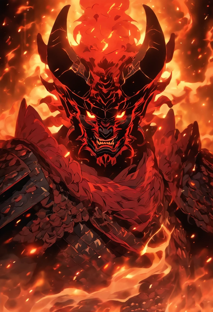 In the depths of darkness, a fearsome demon emerges, its eyes ablaze with an ethereal scarlet glow. Clad in an ancient Japanese shogun armor, meticulously etched with intricate motifs, it stands with an imposing presence that commands both respect and dread. Its helmet, adorned with fierce demonic horns, adds to its sinister aura. The demon's battle stance exudes an air of unwavering confidence, as if it has faced countless foes and emerged victorious each time. Its hand hovers near the hilt of a gleaming blade, poised to unsheathe it at a moment's notice. The armor's metallic plates reflect a soft, ominous light, casting an eerie glow upon its surroundings. With every fiber of its being radiating an otherworldly power, this demon, forged by ancient legends and fueled by malevolence, awaits its next challenger, ready to unleash chaos and devastation upon any who dare cross its path.