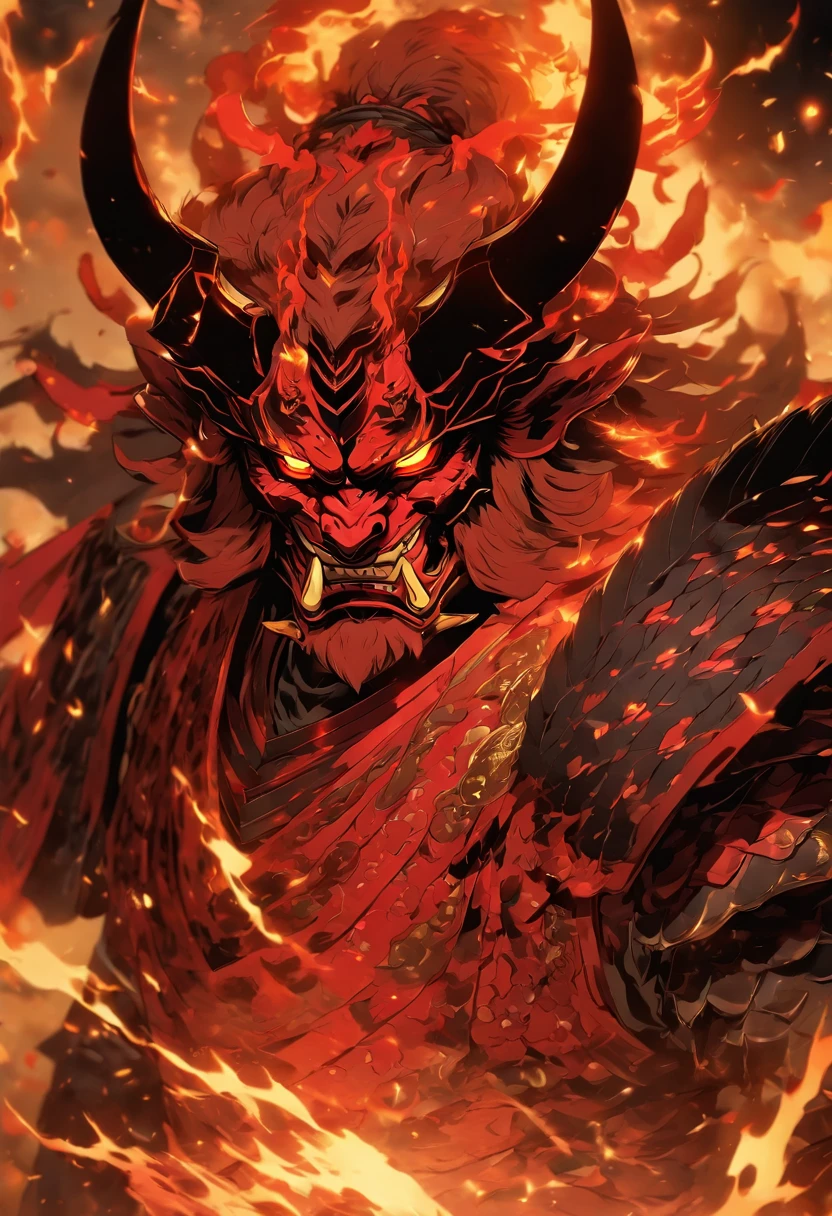 In the depths of darkness, a fearsome demon emerges, its eyes ablaze with an ethereal scarlet glow. Clad in an ancient Japanese shogun armor, meticulously etched with intricate motifs, it stands with an imposing presence that commands both respect and dread. Its helmet, adorned with fierce demonic horns, adds to its sinister aura. The demon's battle stance exudes an air of unwavering confidence, as if it has faced countless foes and emerged victorious each time. Its hand hovers near the hilt of a gleaming blade, poised to unsheathe it at a moment's notice. The armor's metallic plates reflect a soft, ominous light, casting an eerie glow upon its surroundings. With every fiber of its being radiating an otherworldly power, this demon, forged by ancient legends and fueled by malevolence, awaits its next challenger, ready to unleash chaos and devastation upon any who dare cross its path.
