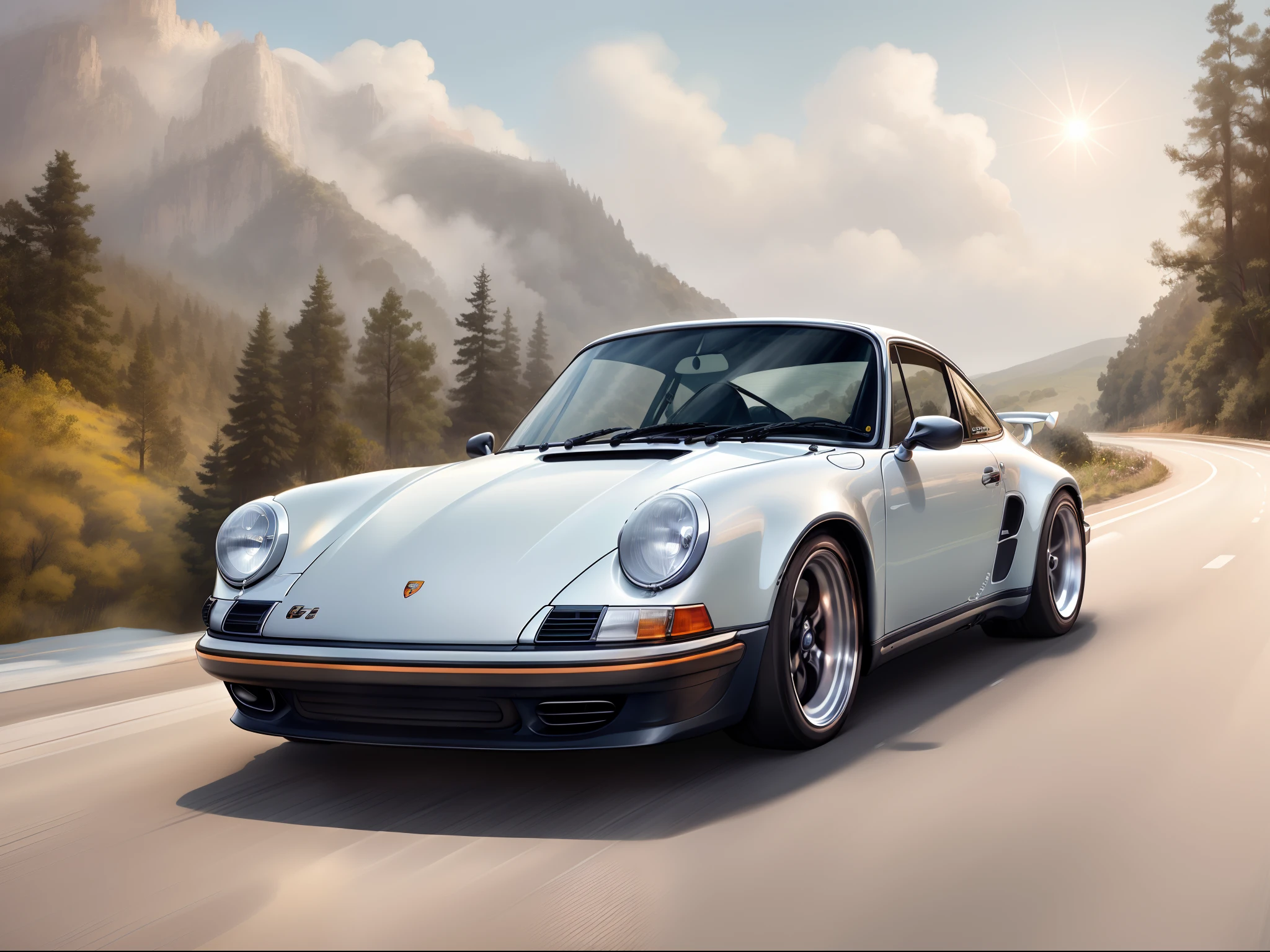2d realista de um Porsche cinza  em uma estrada de montanha, Porsche RSR |, inspirado em Harry Haenigsen, Porsche 911 |, Porsche 9 1 1, Porsche, varanda, , inspirado em Bernardo Cavallino, Vehicle illustration, Belas artes altamente detalhadas, Directed by: Paul Bodmer, arte do design automotivo, Porsche 911 no futuro motor