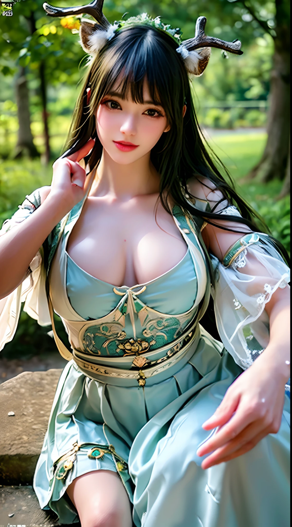 (Best quality,4K,8K,A high resolution,Masterpiece:1.2),Ultra-detailed,(Realistic,Photorealistic,photo-realistic:1.37),Bokeh,Green-haired beauty,Vertical yellow pupils,deer antlers,maid costume,Soft lighting,Bending over,Playful and elegant,Sharp focus,Super detailed,Ethereal,Landscape painting,Vibrant colors,Soft lighting