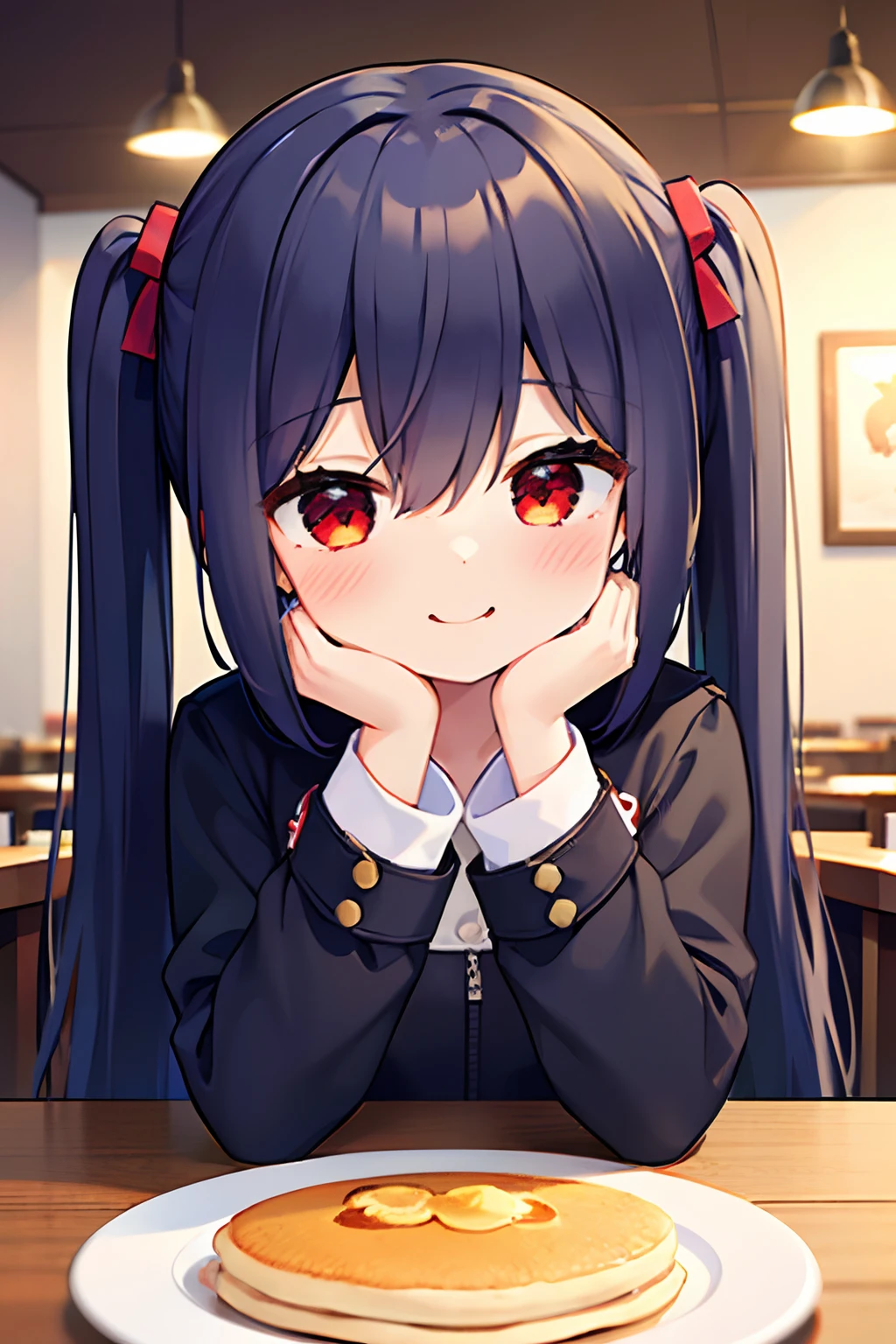 1girl, young girl, masterpiece, high quality, dark blue hair, long hair, straight hair, (twintail), red eyes, in the restaurant, eating pancake, happy, wearing a coat, a hair pin, smiling, ((detail face)), stars in the eyes