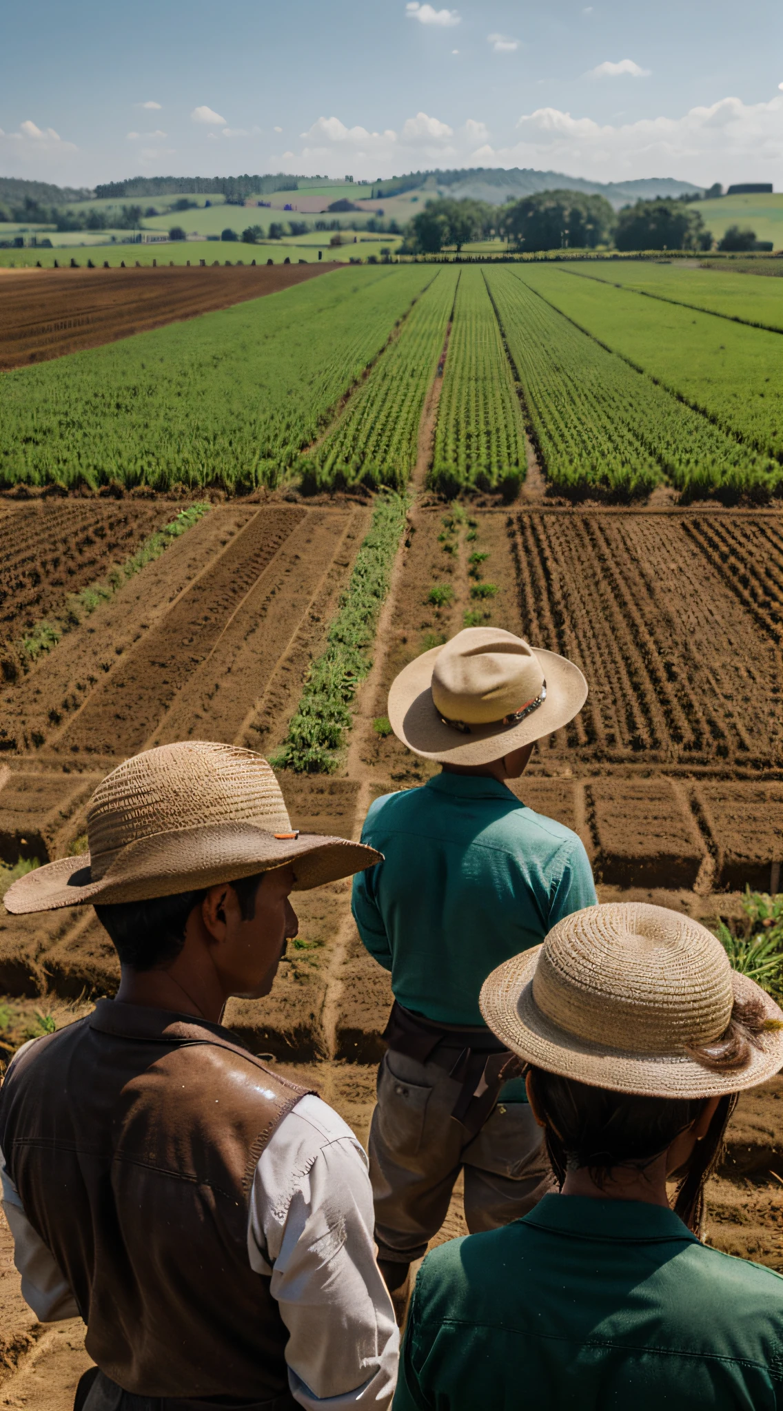 A group of farmers, their intense eyes reflecting the determination and hard work they put into their fields, stand tall in their traditional hats, ready to take on the day.