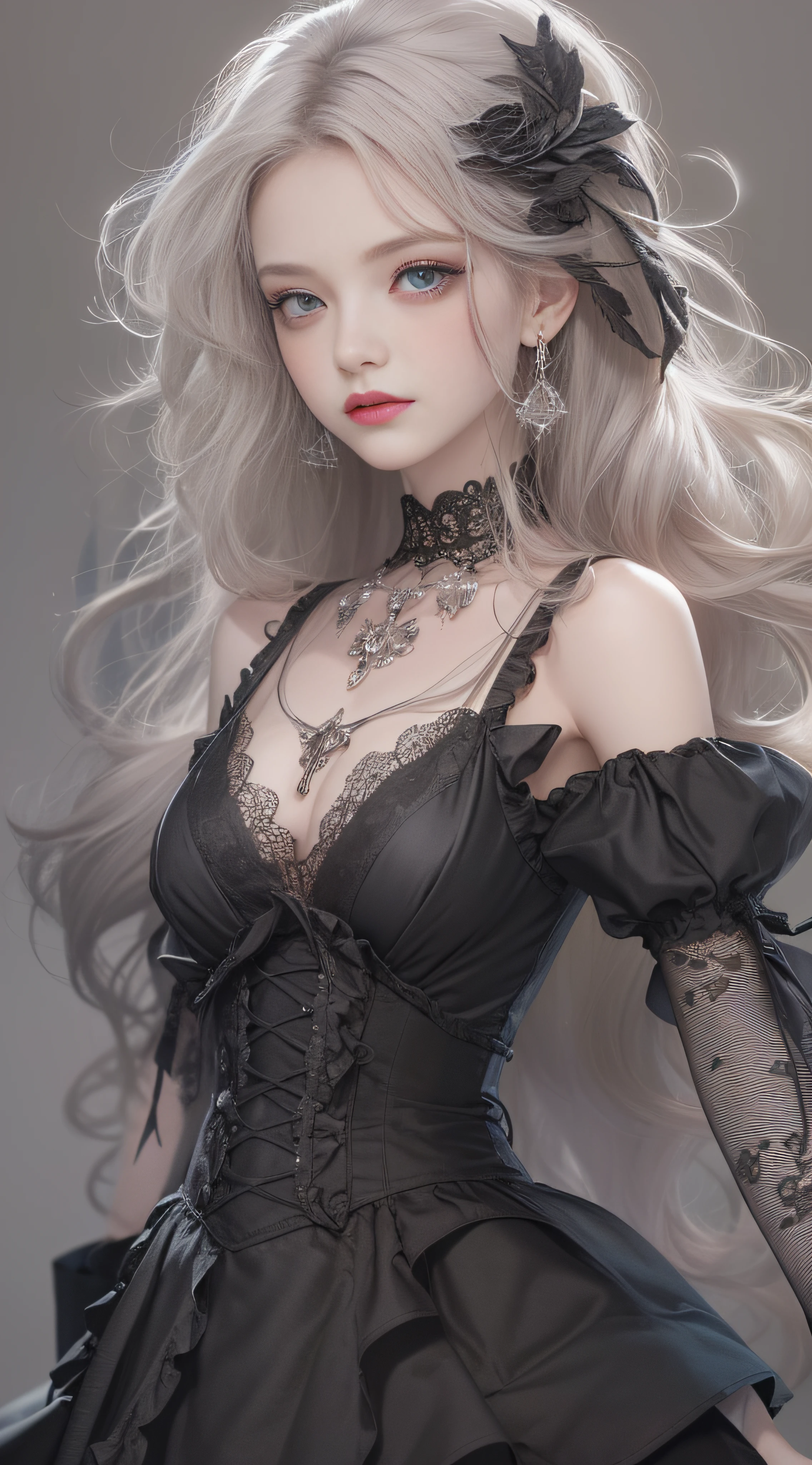 (extremely detailed CG unity 8k wallpaper), (((masterpiece)), ((best quality)), ((extremely delicate and beautiful)), realism, very pretty girl, masterpiece, best quality, detailed clothing, black gloves, gothic, top and skirt, detailed clothing, purple outfit,neon lights, Rococo, Facial skin comes to life、exquisite, 8k wallpaper, black ribbon, White bow, real, The original, long hair, super long hair, white hair, white,with bangs, bangs in her hair, fringe, accessories, jewelry, Ribbon necklace, period, wristband, seductive smile, Excited, heart shaped pupils, green eyes,look up, look up, permanent, extremely delicate and beautiful, Dynamic angle, Navel exposed, head tilt, Expand, fighting stance,