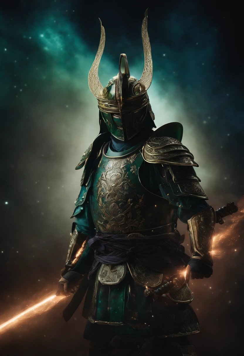Bathed in the celestial hues of the aurora, an ancient Japanese samurai armor stands as a testament to ethereal beauty and formidable strength. Inspired by the dancing lights of the night sky, the armor shimmers with an iridescent palette of purples, blues, and greens, evoking a sense of mystical enchantment. The helmet, adorned with intricate designs reminiscent of swirling constellations, crowns the samurai with a regal aura. Standing in a battle stance, the samurai emanates an air of disciplined power, its presence both serene and commanding. A hand rests gracefully upon the hilt of a gleaming blade, ready to draw it with a fluid motion. As the armor catches the light, delicate patterns resembling the ribbons of the Northern Lights intertwine across its surface, lending an otherworldly grace to its form. In this celestial spectacle, the ancient aurora-themed armor awaits its worthy opponent, prepared to defend honor and justice with every strike of its blade.