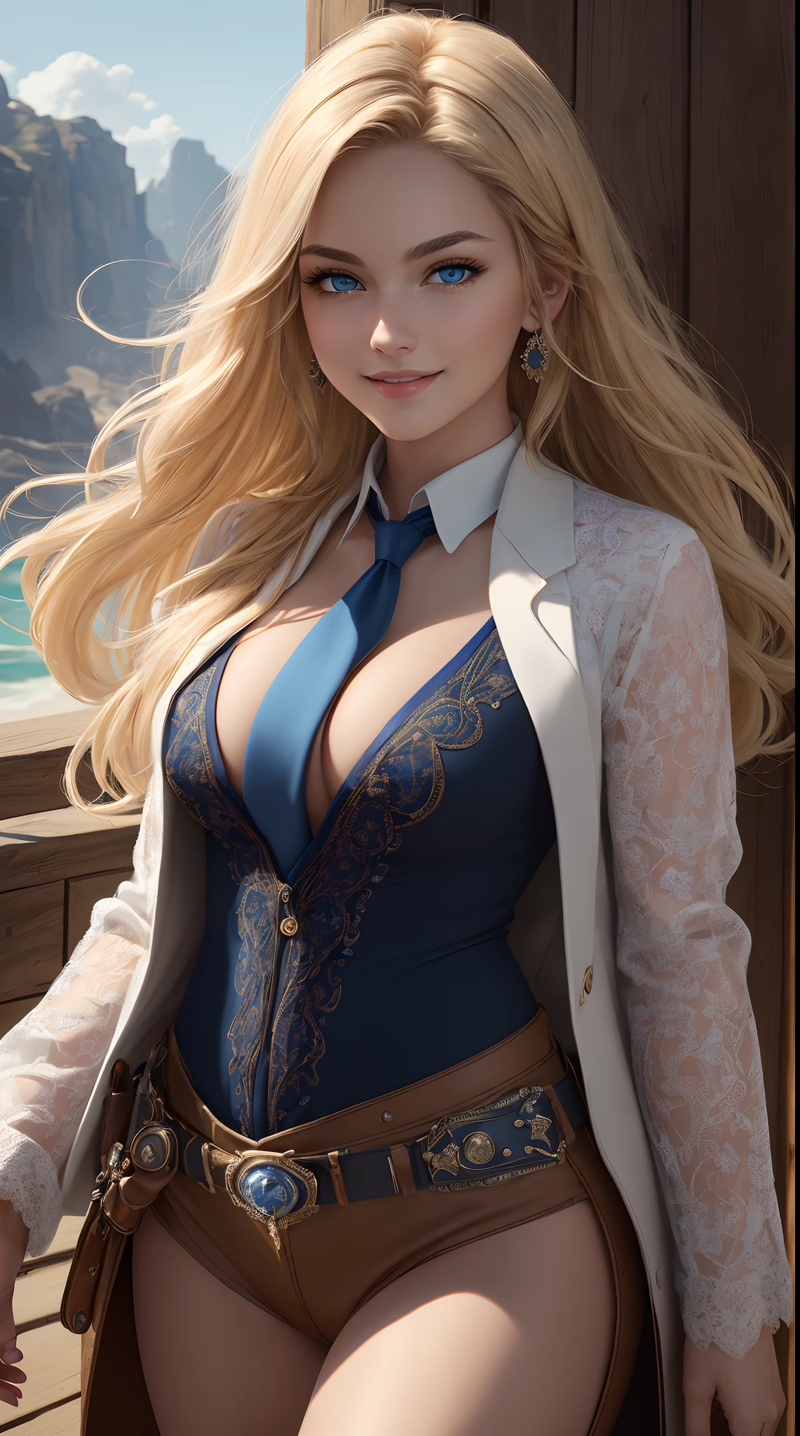 (masterpiece:1.2),(best quality), (ultra detailed), (8k, 4k, intricate),(halft body:1.2),(cowboy:1.2),(highly detailed:1.2),(detailed face:1.2), (detailed background),(portrait),detailed landscape, (dynamic pose:1.2),enome,1girl, solo, long hair, looking at viewer, smile, blue eyes, blonde hair, upper body, necktie