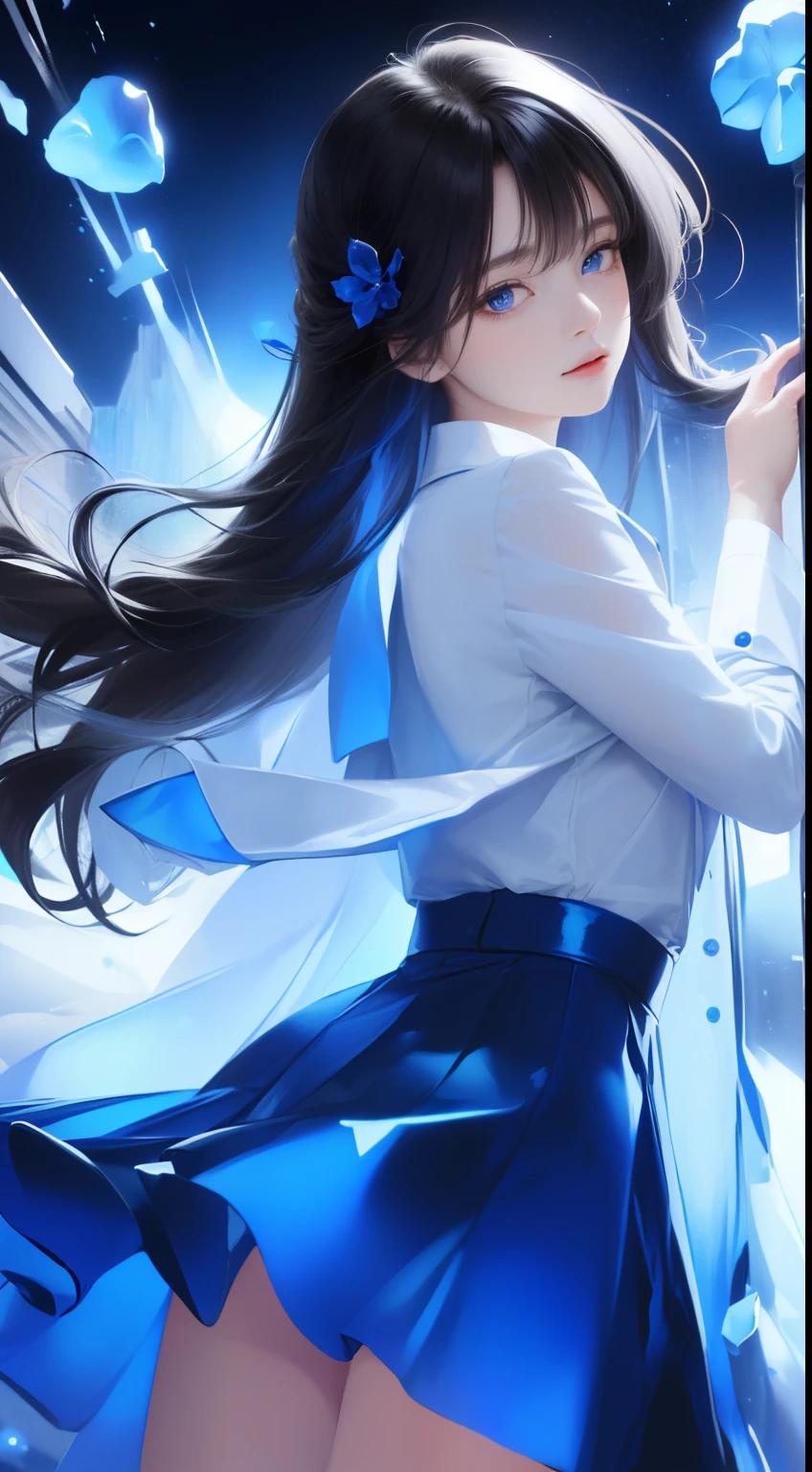(Best quality, Masterpiece),(1girll, Trench coat,expression face, Blue eyes, view the viewer, Black hair, Closed mouth, Dress shirt, Black skirt, Hand in the viewer), (Reduce blue light, Many blue glass fragments are shaken in the back, floating object, Night sky)