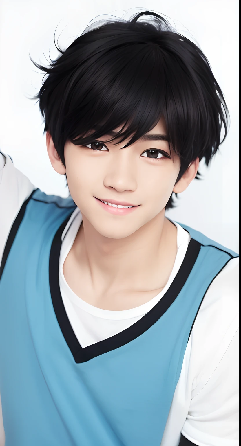 1boy, black hair, black eyes, blue and white shirts, handsome, shy smile, realistic, ultra detail, 70mn lens