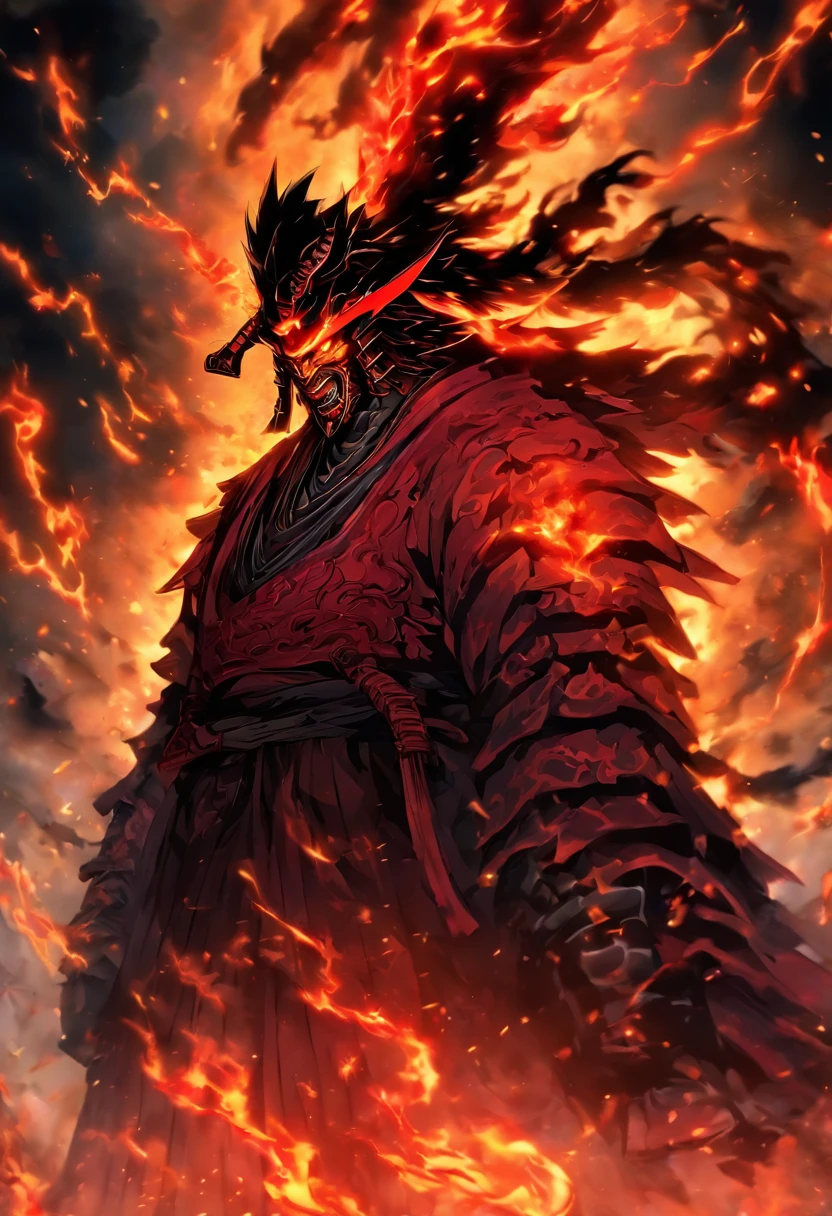 In a world consumed by darkness, where ancient legends come to life, envision a demonic shogun emerging from the fiery depths of hell. Depict a fearsome figure donned in crimson armor, an ethereal glow emanating from every crevice. With eyes that burn like hellfire, they pierce through the abyss, reflecting the malevolence that resides within. Perched upon a blood-stained battlefield, their presence commands both fear and respect, a ruler of the shadows and master of chaos. The dark aura surrounding them engulfs the surroundings, as if the very air trembles in reverence. In the background, a crimson sky paints a foreboding canvas, as ominous clouds swirl, mirroring the turmoil within their soul. Capture the essence of this demonic shogun, the epitome of power and destruction, in an image that encapsulates the fiery dominance and sinister allure of their malevolent r