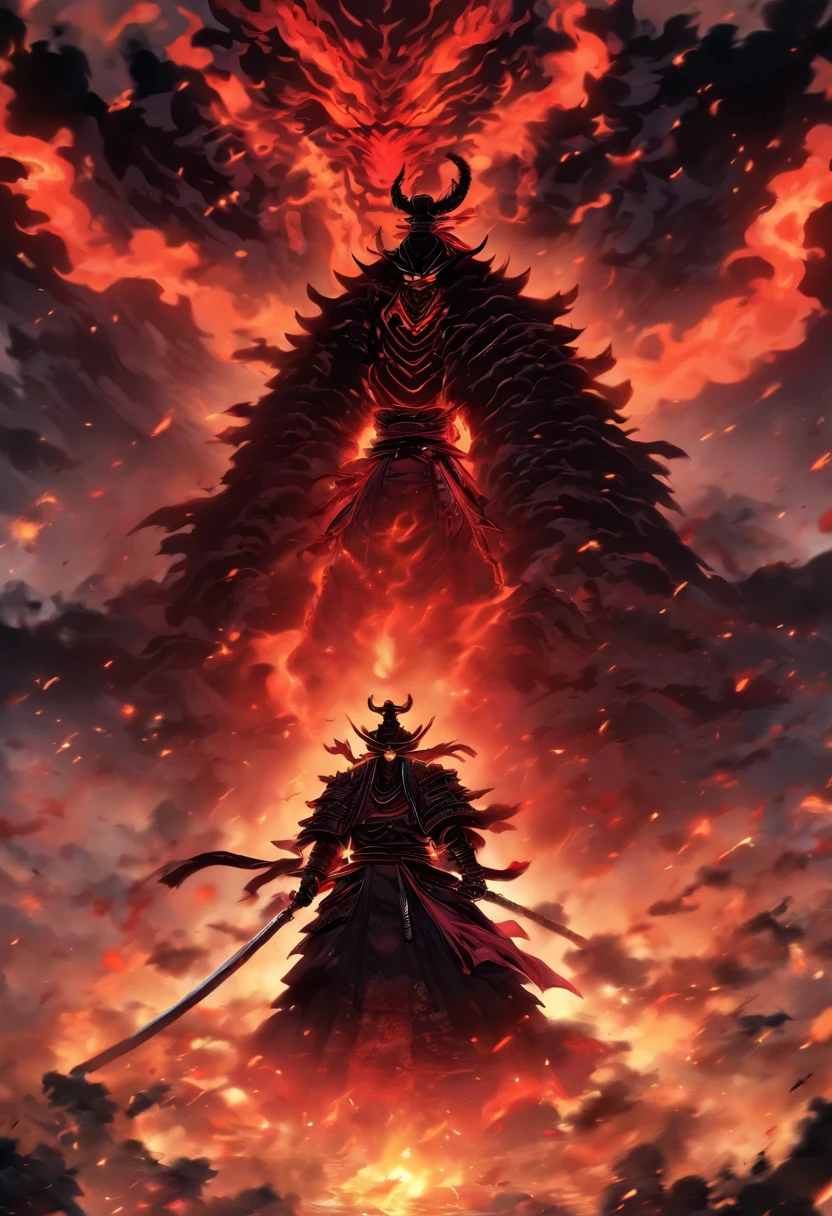 In a world consumed by darkness, where ancient legends come to life, envision a demonic shogun emerging from the fiery depths of hell. Depict a fearsome figure donned in crimson armor, an ethereal glow emanating from every crevice. With eyes that burn like hellfire, they pierce through the abyss, reflecting the malevolence that resides within. Perched upon a blood-stained battlefield, their presence commands both fear and respect, a ruler of the shadows and master of chaos. The dark aura surrounding them engulfs the surroundings, as if the very air trembles in reverence. In the background, a crimson sky paints a foreboding canvas, as ominous clouds swirl, mirroring the turmoil within their soul. Capture the essence of this demonic shogun, the epitome of power and destruction, in an image that encapsulates the fiery dominance and sinister allure of their malevolent r