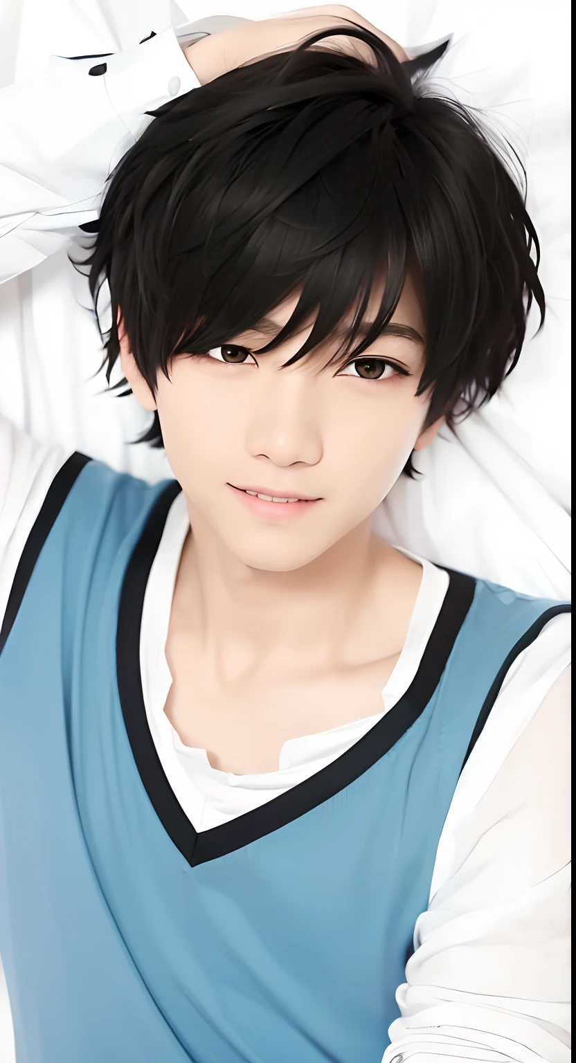 1boy, black hair, black eyes, blue and white shirts, handsome, shy smile, realistic, ultra detail, 70mn lens