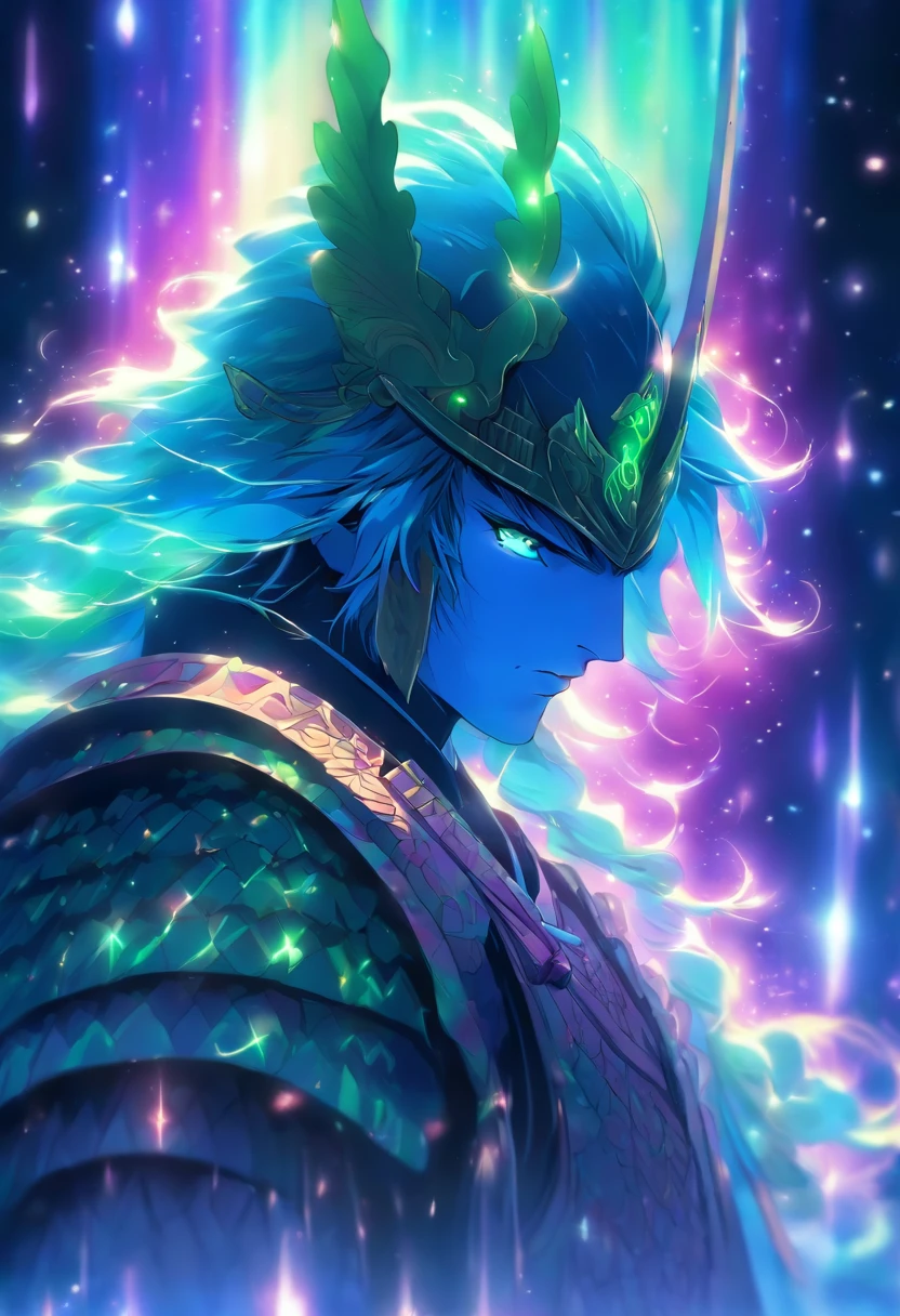 Bathed in the celestial hues of the aurora, an ancient Japanese samurai armor stands as a testament to ethereal beauty and formidable strength. Inspired by the dancing lights of the night sky, the armor shimmers with an iridescent palette of purples, blues, and greens, evoking a sense of mystical enchantment. The helmet, adorned with intricate designs reminiscent of swirling constellations, crowns the samurai with a regal aura. Standing in a battle stance, the samurai emanates an air of disciplined power, its presence both serene and commanding. A hand rests gracefully upon the hilt of a gleaming blade, ready to draw it with a fluid motion. As the armor catches the light, delicate patterns resembling the ribbons of the Northern Lights intertwine across its surface, lending an otherworldly grace to its form. In this celestial spectacle, the ancient aurora-themed armor awaits its worthy opponent, prepared to defend honor and justice with every strike of its blade.