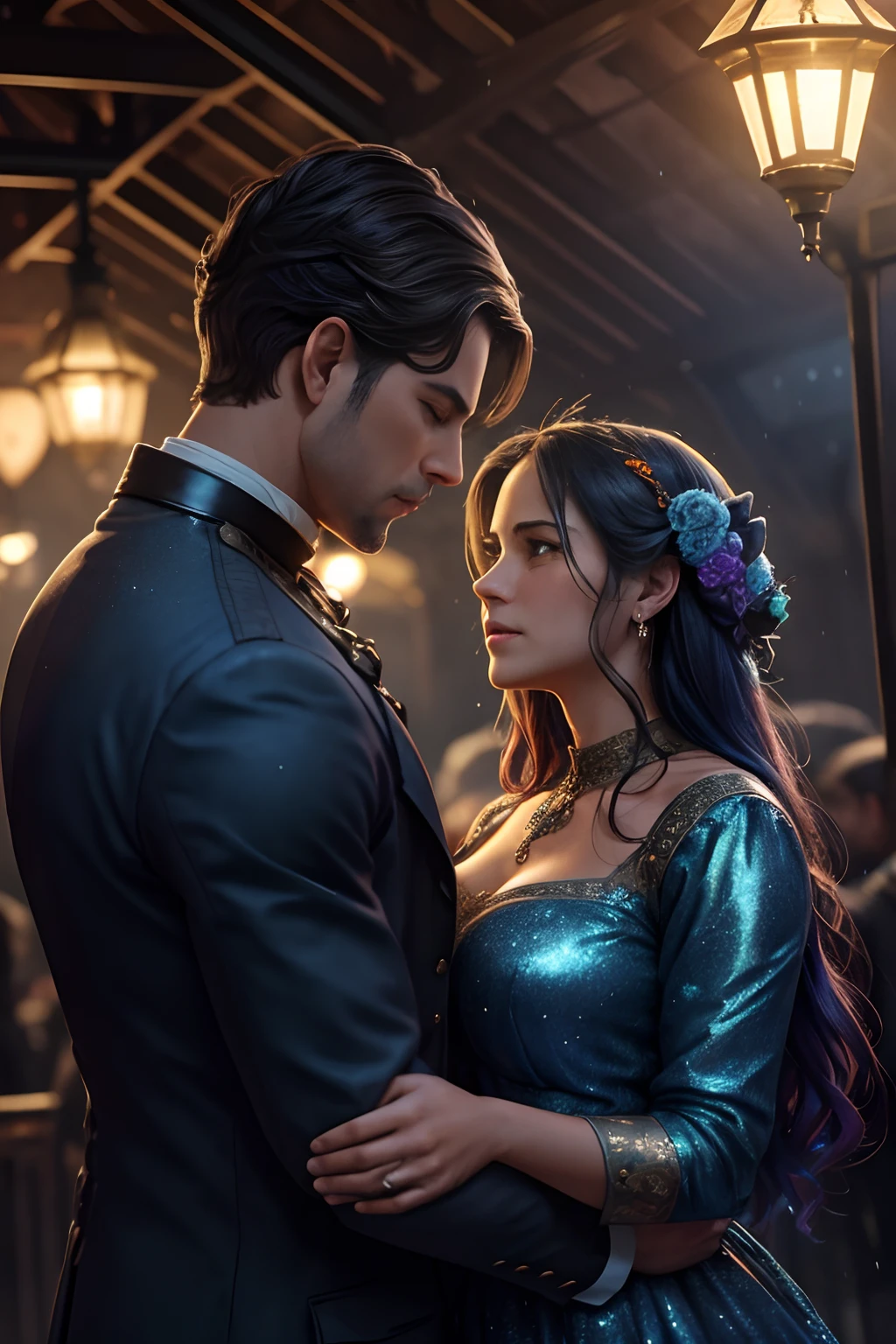 A woman leans her head on her husband's shoulder and sobs, she is sad, crying, 1800s, people wear 1800s cloth elaborated steampunk shiny train, in old village station, Watercolor and metallic touches, beautiful and powerful, with iridescent blue and orange glitter . Between disco lights., detailed background, twilight, Dramatic backlight, fogy environment, extreme long shot, rainy night, wet ground