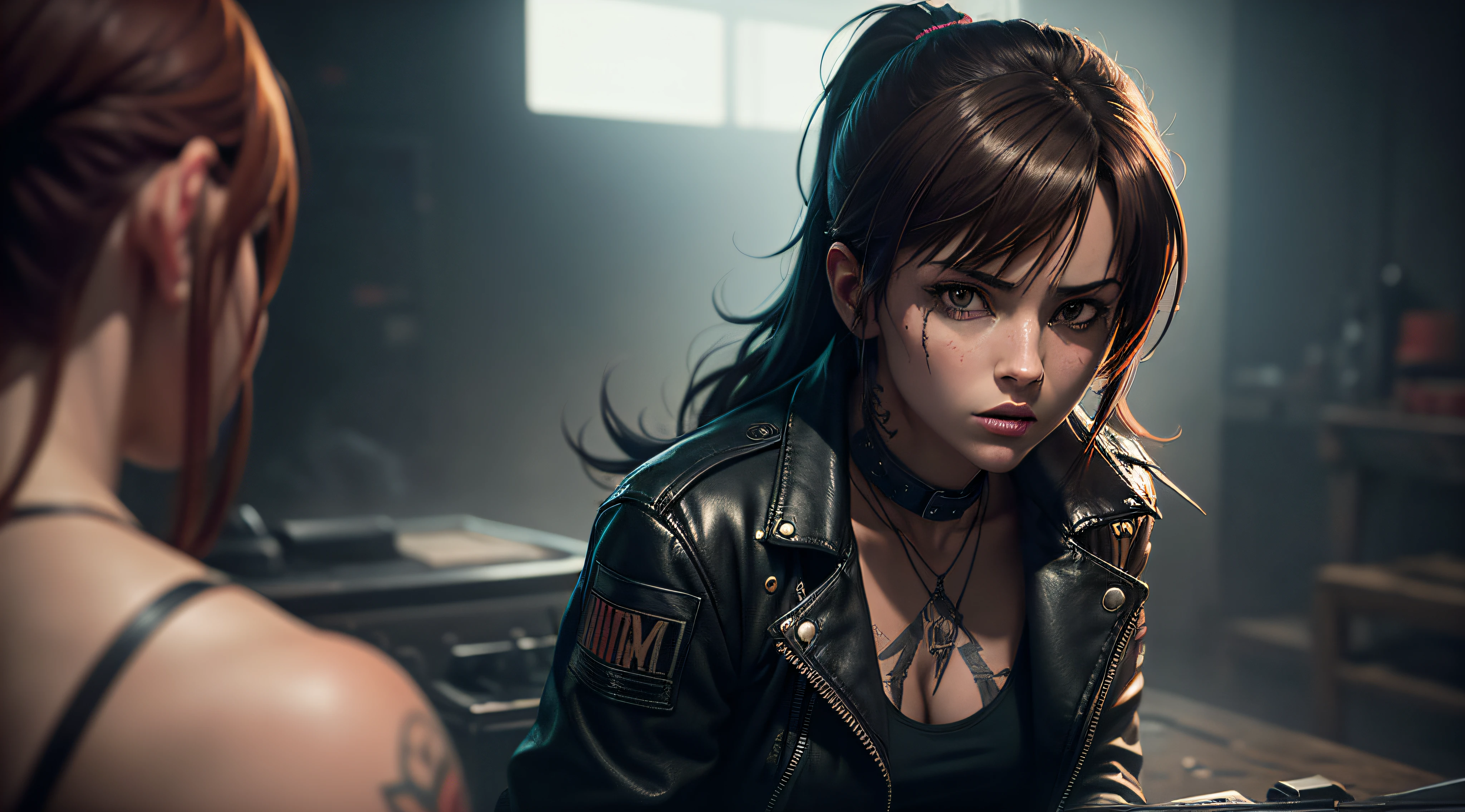 covered in tattoos, wearing a black leather jacket with her out and ripped jean shorts. Her expression is fierce and determined. The background a blank dark scene, neon lights illuminating the scene. The artwork is rendered in an edgy and realistic style, with high attention to detail and sharp focus. The colors are vivid and contrasted, with a slight desaturation to create a moody atmosphere. The lighting is dramatic, with shadows and highlights enhancing the overall composition. The medium used is a digital illustration, with a touch of photo-realistic elements to add depth and texture to the image. The final result is a masterpiece in ultra-high resolution, showcasing the intense and raw nature of Revy's character. she's turned away,she's holding a sniper rifle. she's alone.
