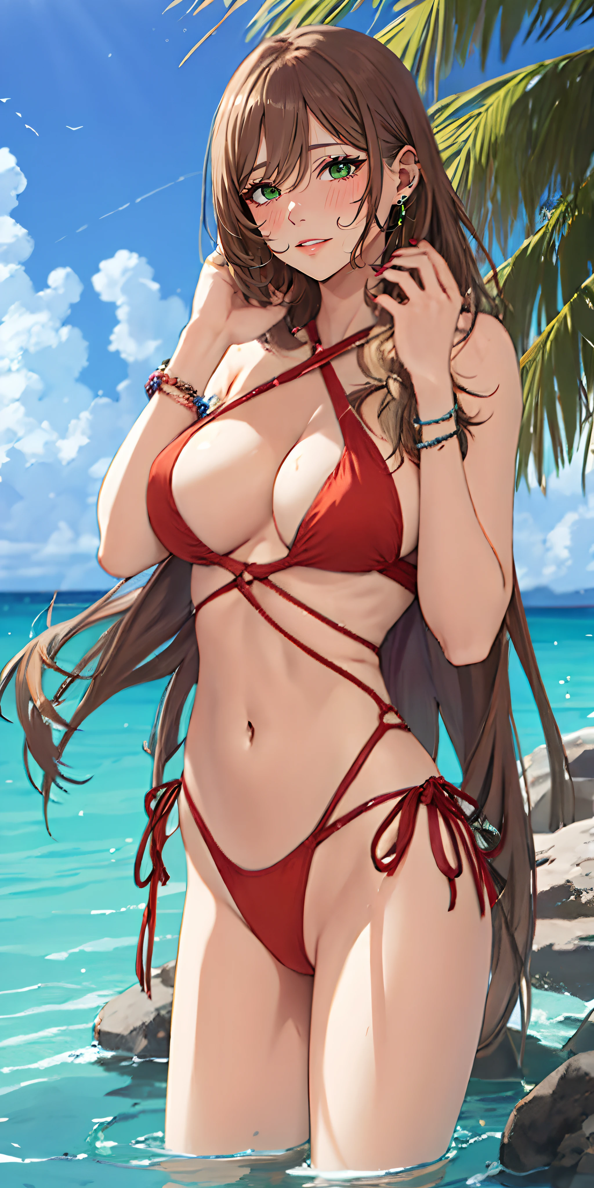 brown hair, green eyes, swimsuit, breasts, navel, bikini, wading, water, day, red_bikini, blue_sky, ocean, sky, outdoors, large_breasts, solo, solo focus, rock, looking_at_viewer, beach, cloud, blurry, cleavage, red_swimsuit, solo_focus, collarbone, parted_lips, nail_polish, halterneck, jewelry, standing, one-piece_swimsuit, blurry_background, parted_bangs, bracelet, multi-strapped_bikini, red_nails, beachball, depth_of_field, criss-cross_halter