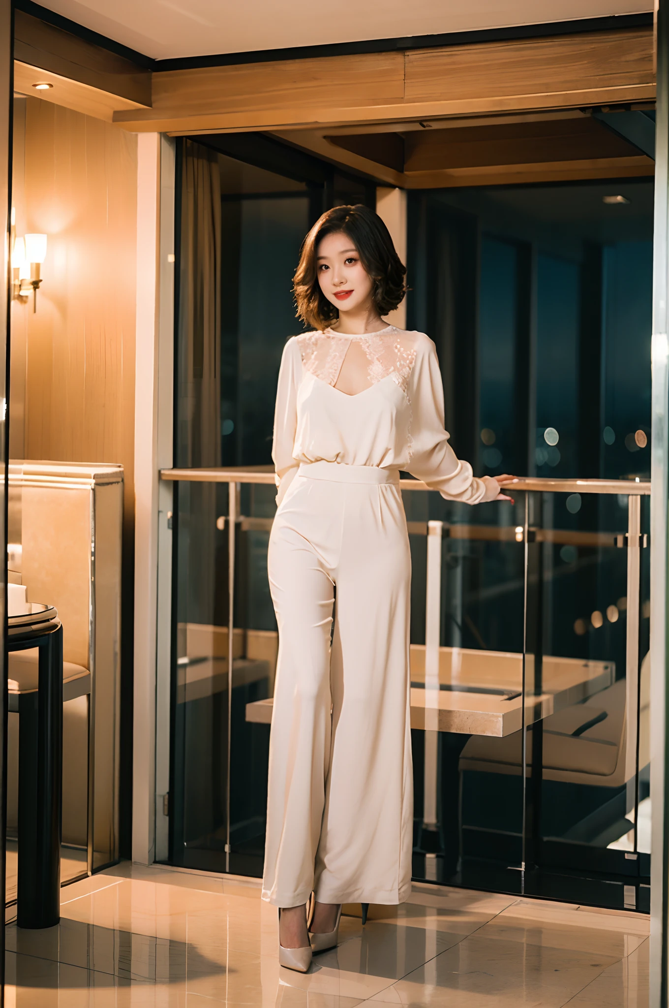 Best quality,Masterpiece,超高分辨率,(Realisticity:1.4),Original photo,Cinematic lighting,
1girll,Smile,Ocean,Sheer flesh-colored colorless jumpsuit，Stiletto heels，Lace skirt，huge tit，largeeyes，standing on your feet，On the glass balcony，Lace long sleeves，short detailed hair，In the daytime