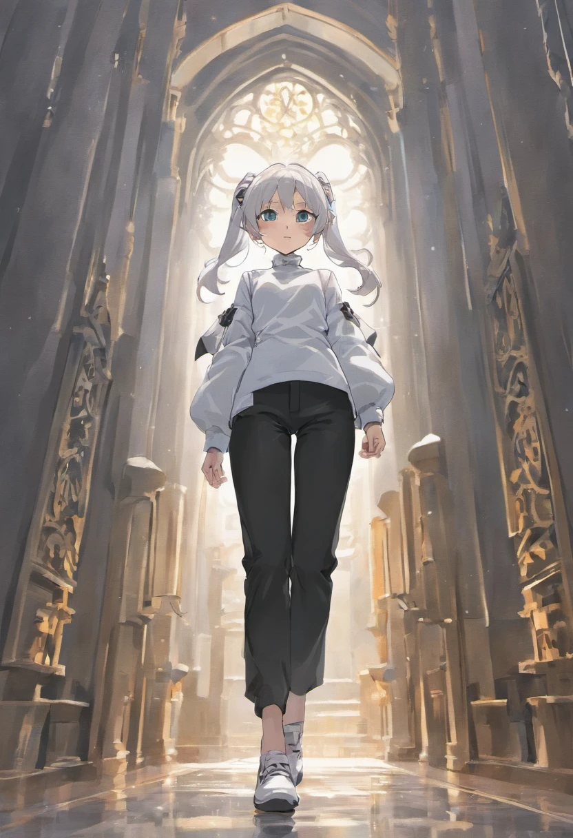 Beautiful man, White tunic, Long black pants, White cloth shoes, White hair in ponytail, Silver Eyes, Slender appearance,The look of a smile, ancient castle scenery, Walking.