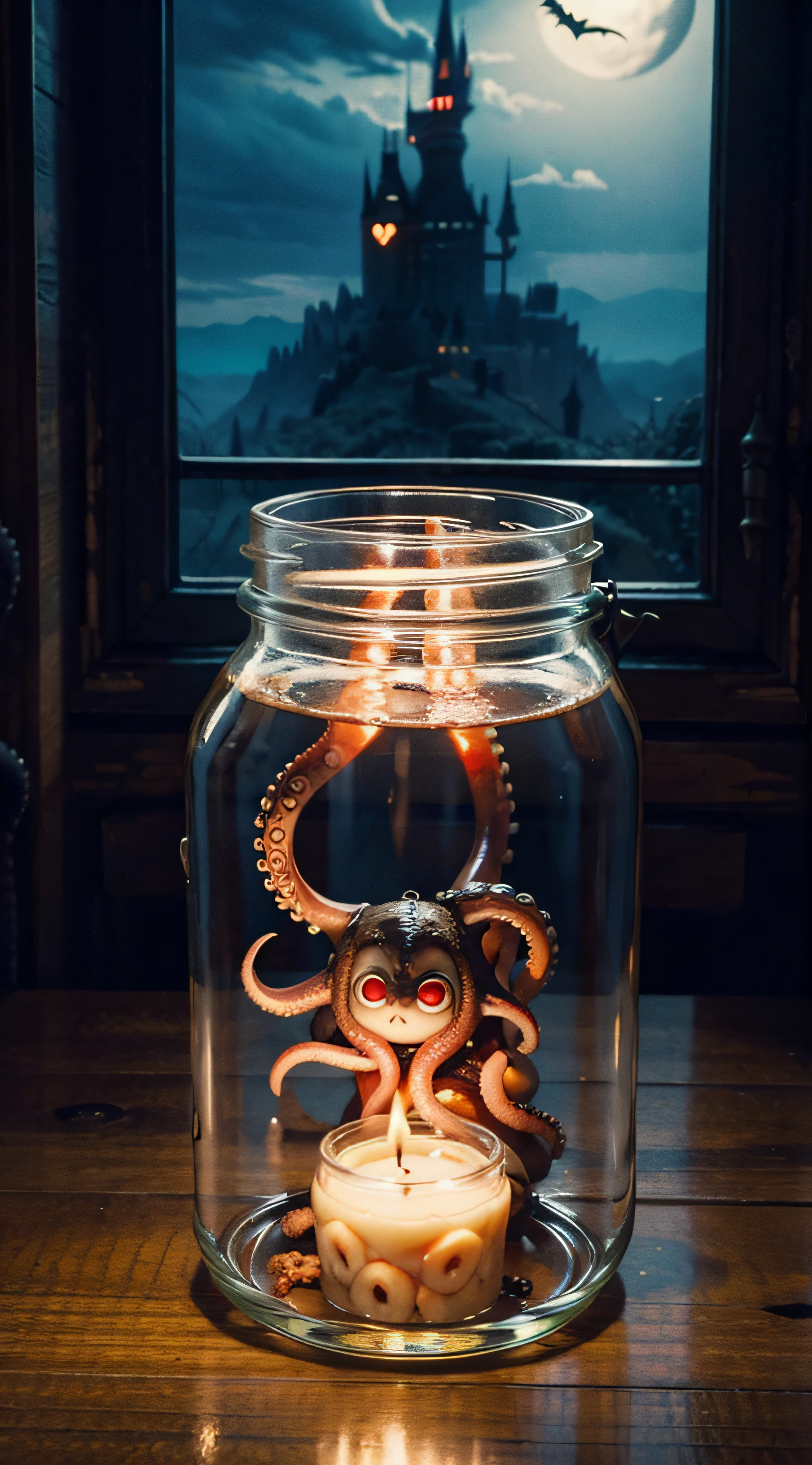 pulp horror, tentacled monster,brain in a jar,vampire's castle