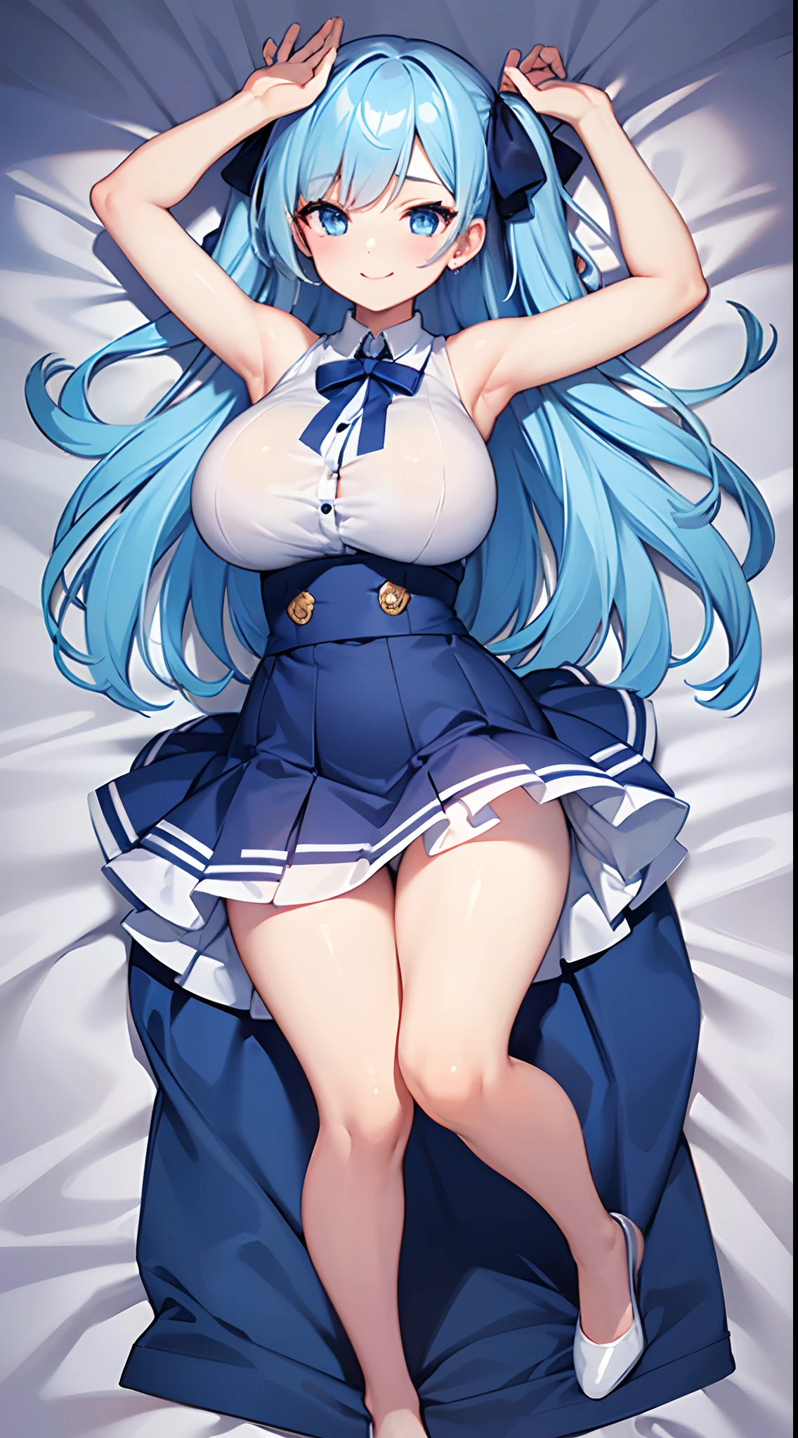 1 girl, game CG, white shirt, shoulders visible, short skirt, string hair ribbon, gigantic breasts, light blue hair, middle hair, two side up, blue eyes, dakimakura, full body, arms up, smile,
