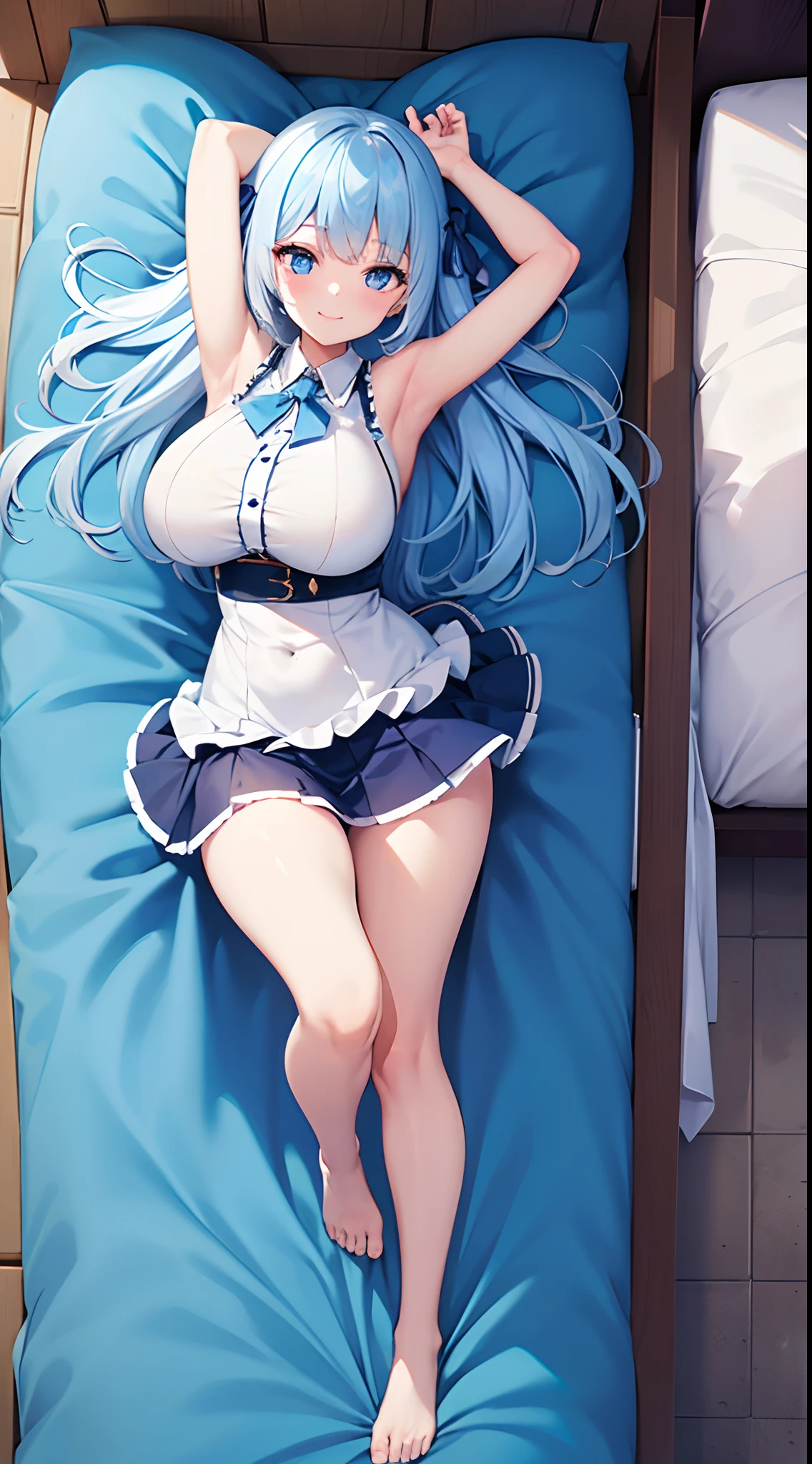 1 girl, game CG, white shirt, shoulders visible, short skirt, string hair ribbon, gigantic breasts, light blue hair, middle hair, two side up, blue eyes, dakimakura, full body, arms up, smile,