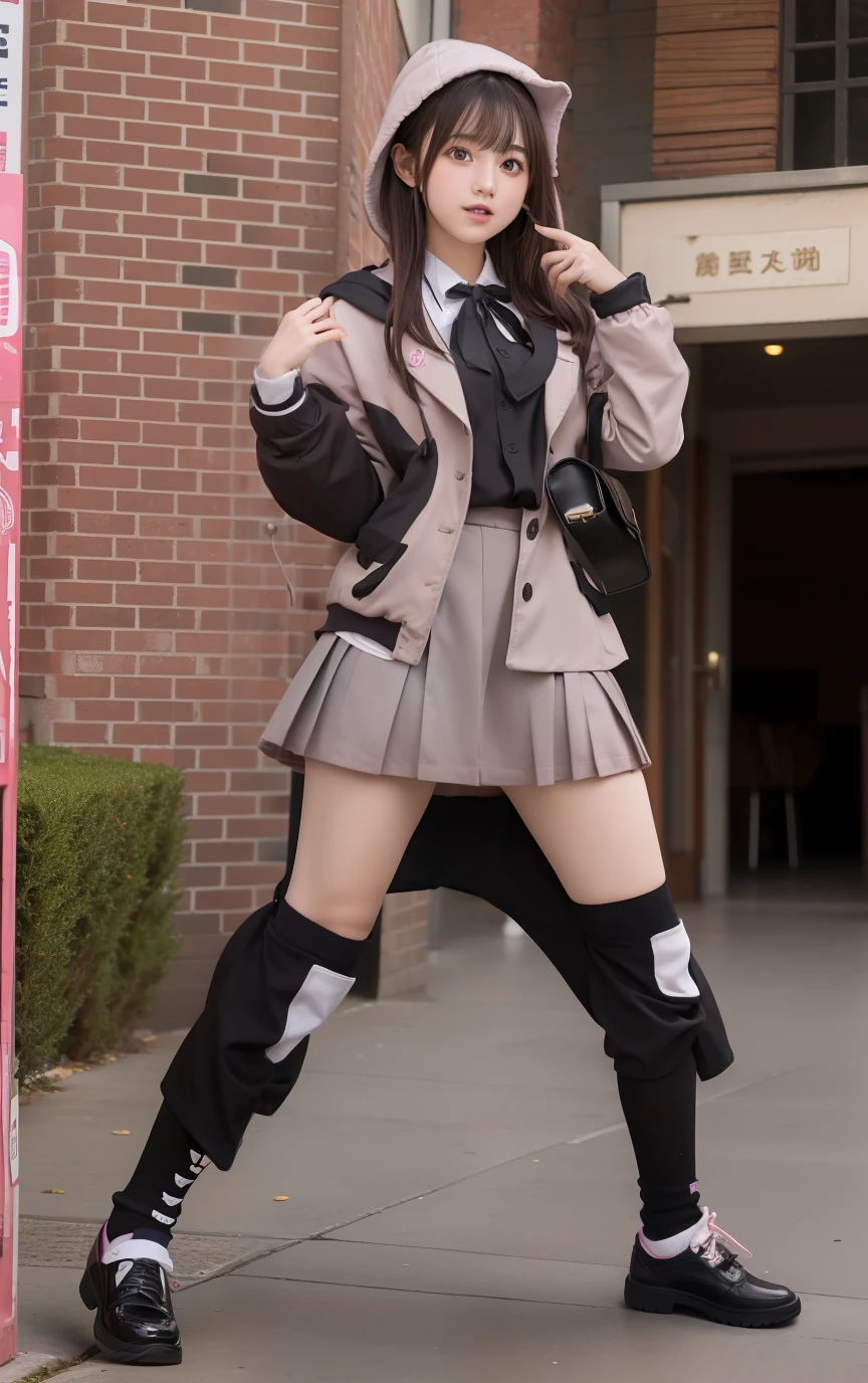 Black High Socks、Gamer High School Girl、large full breasts、beautiful foot、Pink-brown hair、Very good style、、、School Uniforms(Flashy pink uniform hoodie、a miniskirt)、black sock