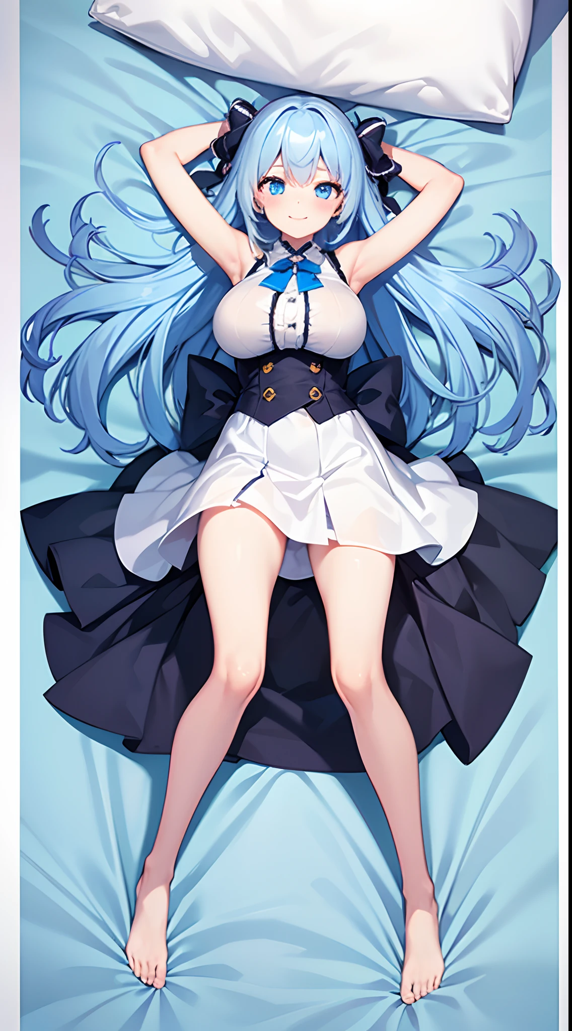 1 girl, game CG, white shirt, shoulders visible, short skirt, string hair ribbon, gigantic breasts, light blue hair, middle hair, two side up, blue eyes, dakimakura, full body, arms up, smile,