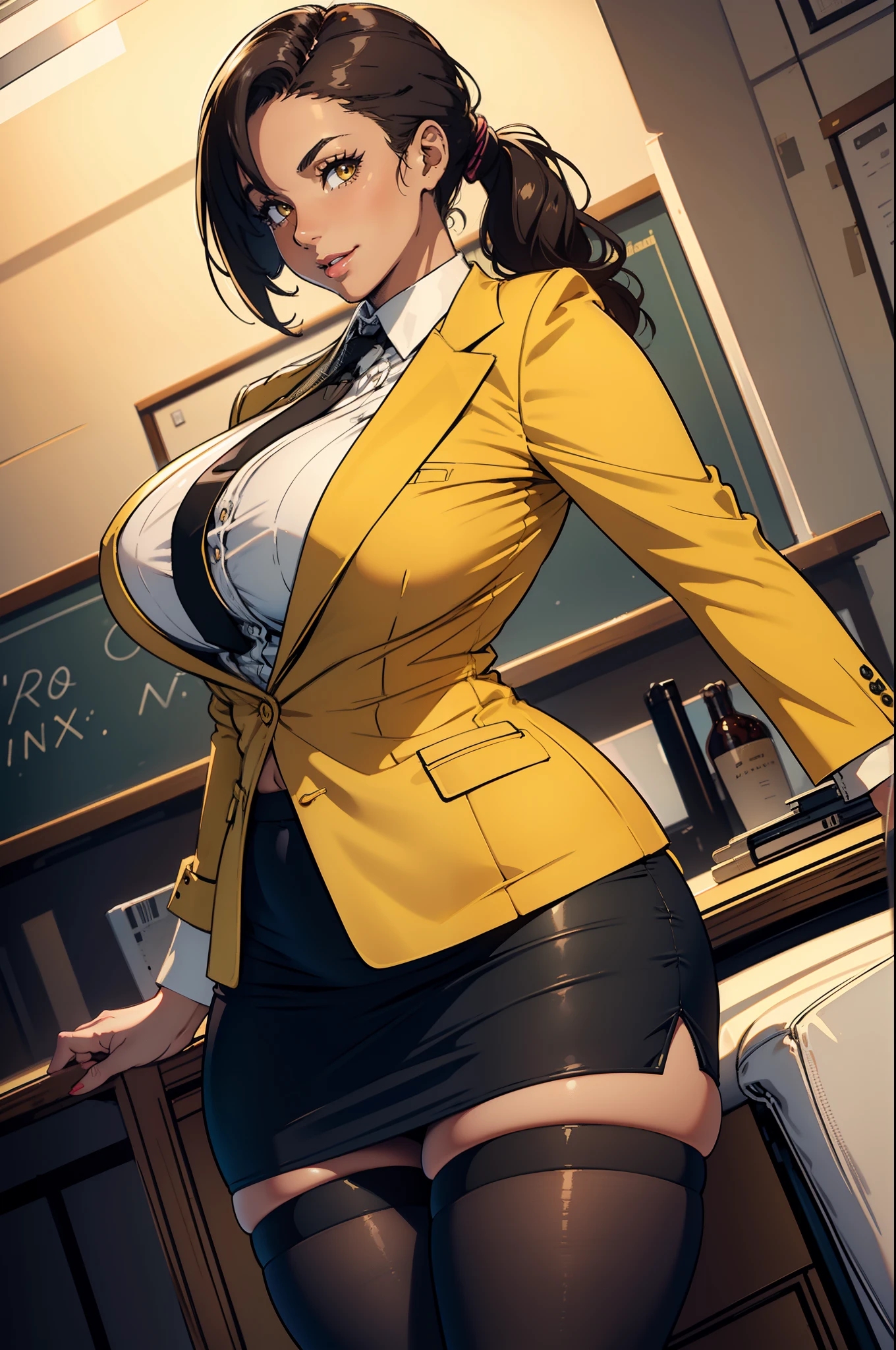 Best quality, solo mature woman, giant breasts, giant ass, very curvy, brown low pony tail, sunshade yellow eyes, full lips, seductive, smiling, teacher, open black button up, stripped blazer, tight pencil skirt, garter belt stockings, thick thighs, curvy physique