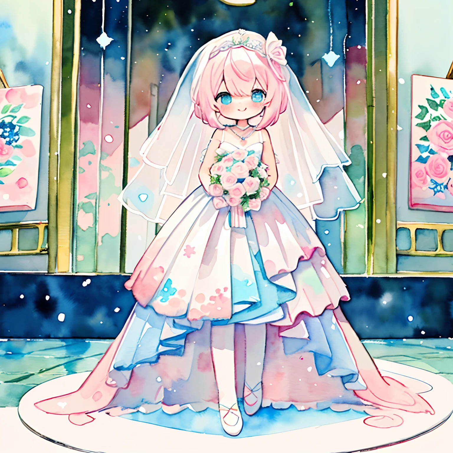 (PastelColors:1.5)、(Cute illustration:1.5)、(watercolor paiting:1.2)、girl with、full body Esbian、facing front、weddingdress、Wedding、bride、chies、blanche、Blue carpet、In a white bouquet、Happiness、kirakira、smil、Looks fun、1 bride、1 girl in