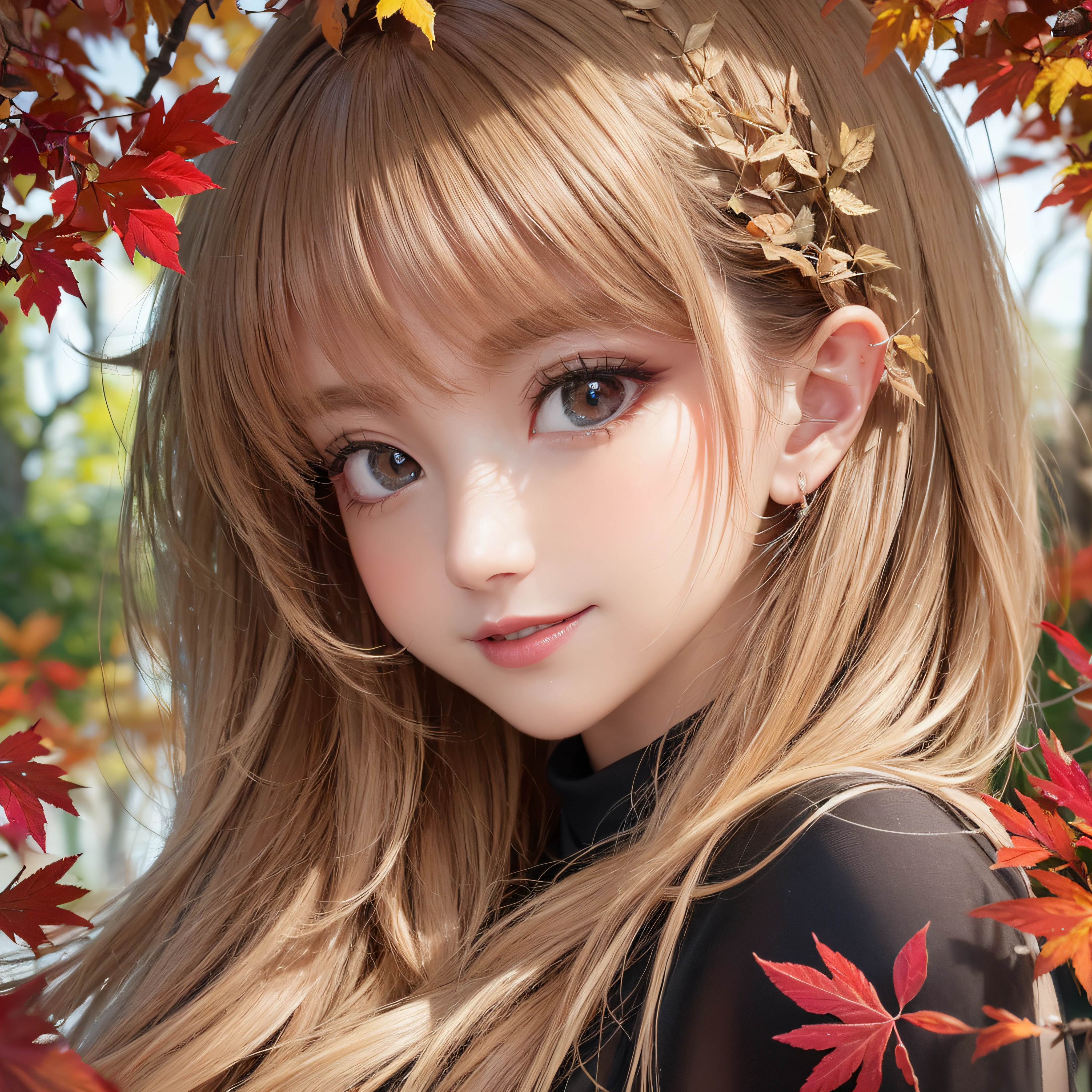 Red enameled lips、Piti Lip、bright red wet lips、lipgloss、Red glowing lips、makeup、Close up of smiling mouth with open mouth、Close-up of the mouth、Close-up of the mouth、(realisitic、hight resolution)、(1 girl in)、Do-Up Eye、Korean Girl、(Best Quality), (masutepiece), (1girl in), Solo, a beauty girl, Perfect face, dreamlikeart、Highly detailed airbrush art((Surreal))、Volumetric lighting、(top-quality)、The ultra-detailliert、(The composition of the movement:1.4)、Highly detailed colorful details、(Bright lighting)、dynamic compositions、Ray traching、The mirror reflects light、Shallow depth of field、ultra-detailliert、mixing  exposure、nffsw、Her eyes are glowing pink、While admiring the autumn scenery。Her face is full of anticipation and courage for adventure.、A smile appears on her lips。 Autumn landscape in the rear。Its light brings the light of the autumn landscape、The swaying dead leaves create a beautiful scene。