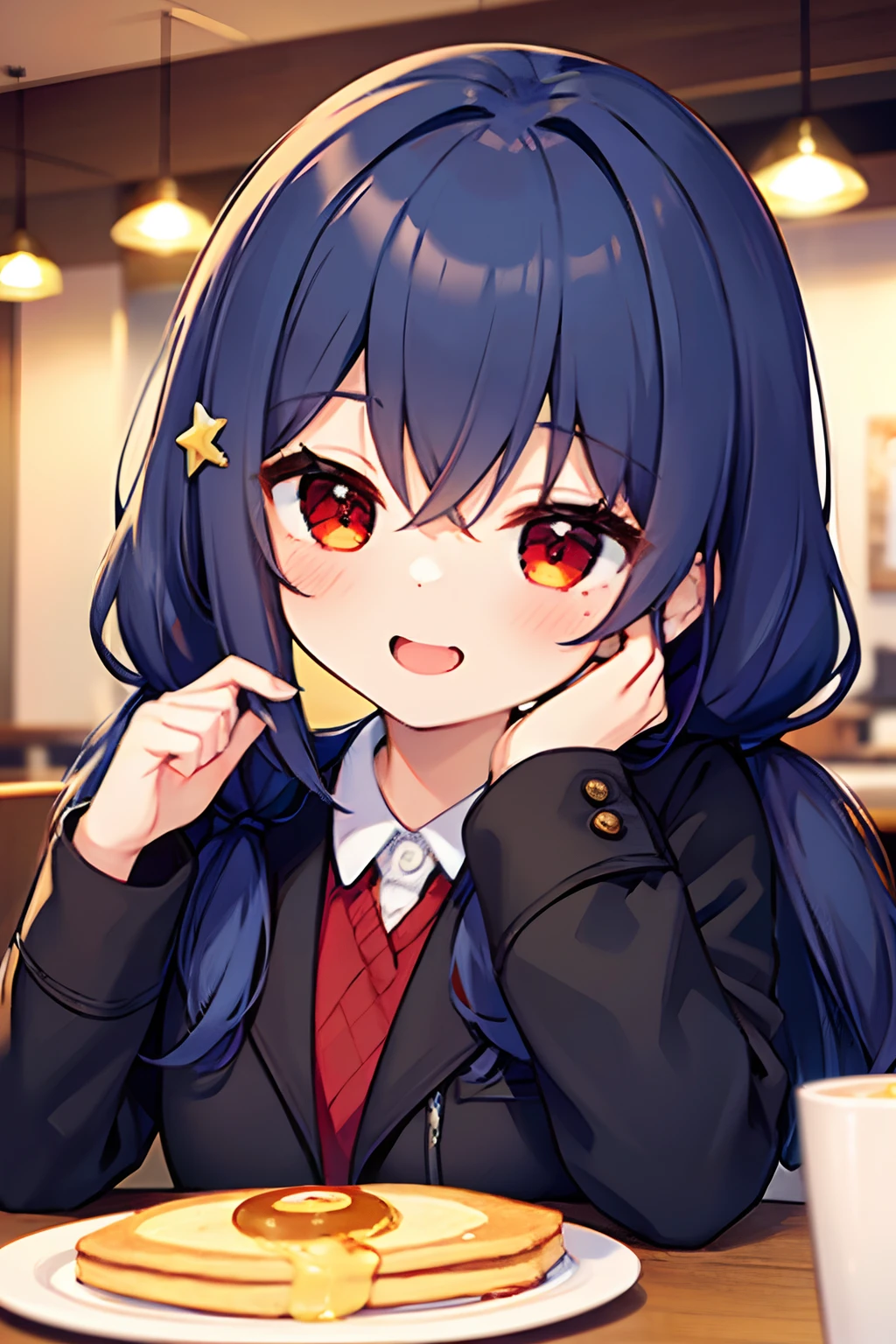 1girl, young girl, masterpiece, high quality, dark blue hair, long hair, straight hair, (twintail), red eyes, in the restaurant, eating pancake, happy, wearing a coat, a hair pin, smiling, ((detail face)), stars in the eyes