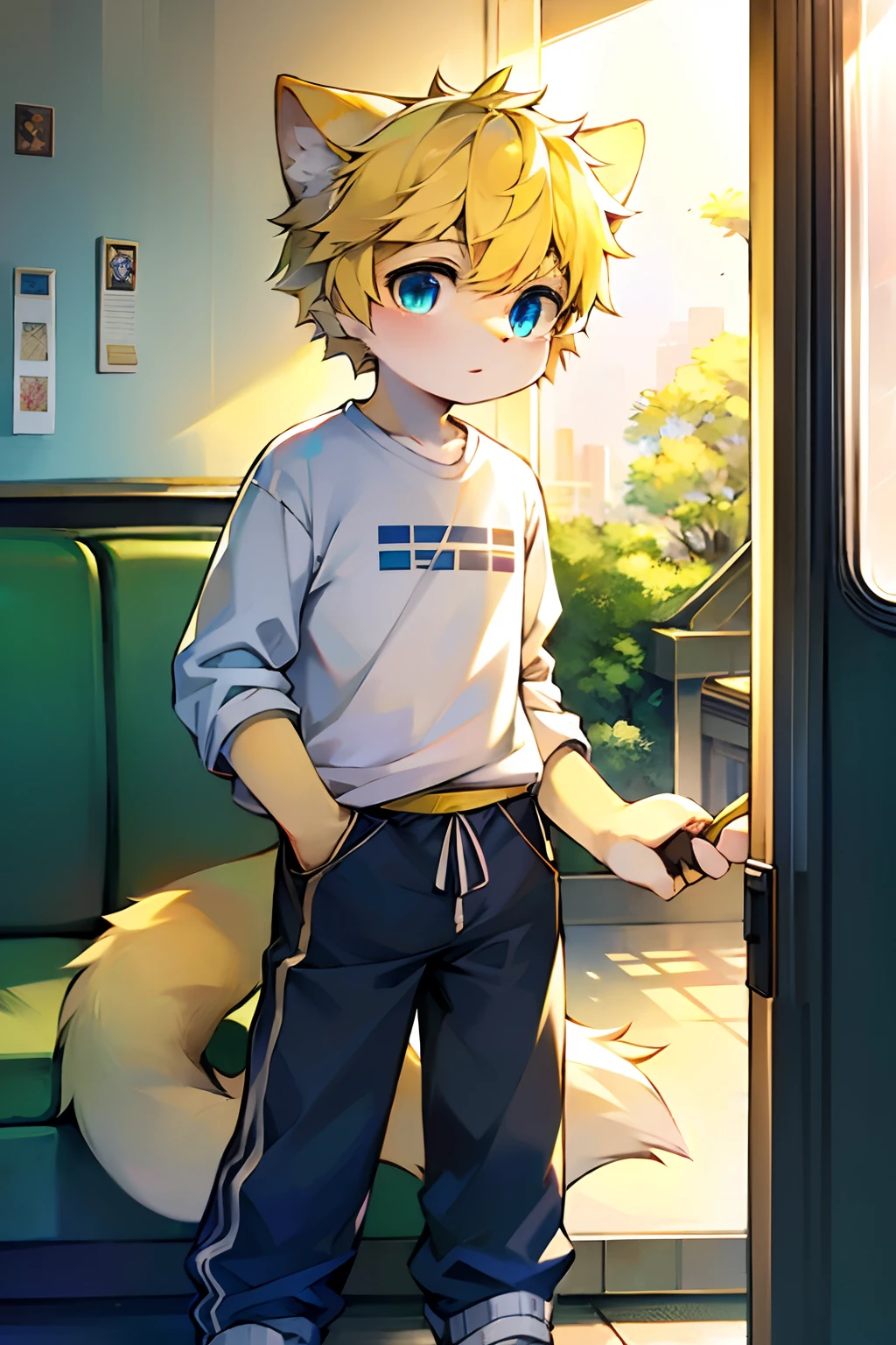 Blue pupils, Light yellow fluffy body, Fluffy cat tail, Boy cat，Point yellow hair，Wear casual clothing，shorter pants，Stand on the bus，The hand holding the armrest，Exquisite wallpapers，Very cute，The popular style of the P station，One role solo，Light yellow furry legs，Shotai style，There are some cute pictures printed on the clothes