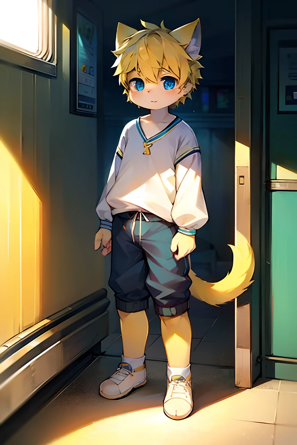 Blue pupils, Light yellow fluffy body, Fluffy cat tail, Boy cat，Point yellow hair，Wear casual clothing，shorter pants，Stand on the bus，The hand holding the armrest，Exquisite wallpapers，Very cute，The popular style of the P station，One role solo，Light yellow furry legs，Shotai style，There are some cute pictures printed on the clothes