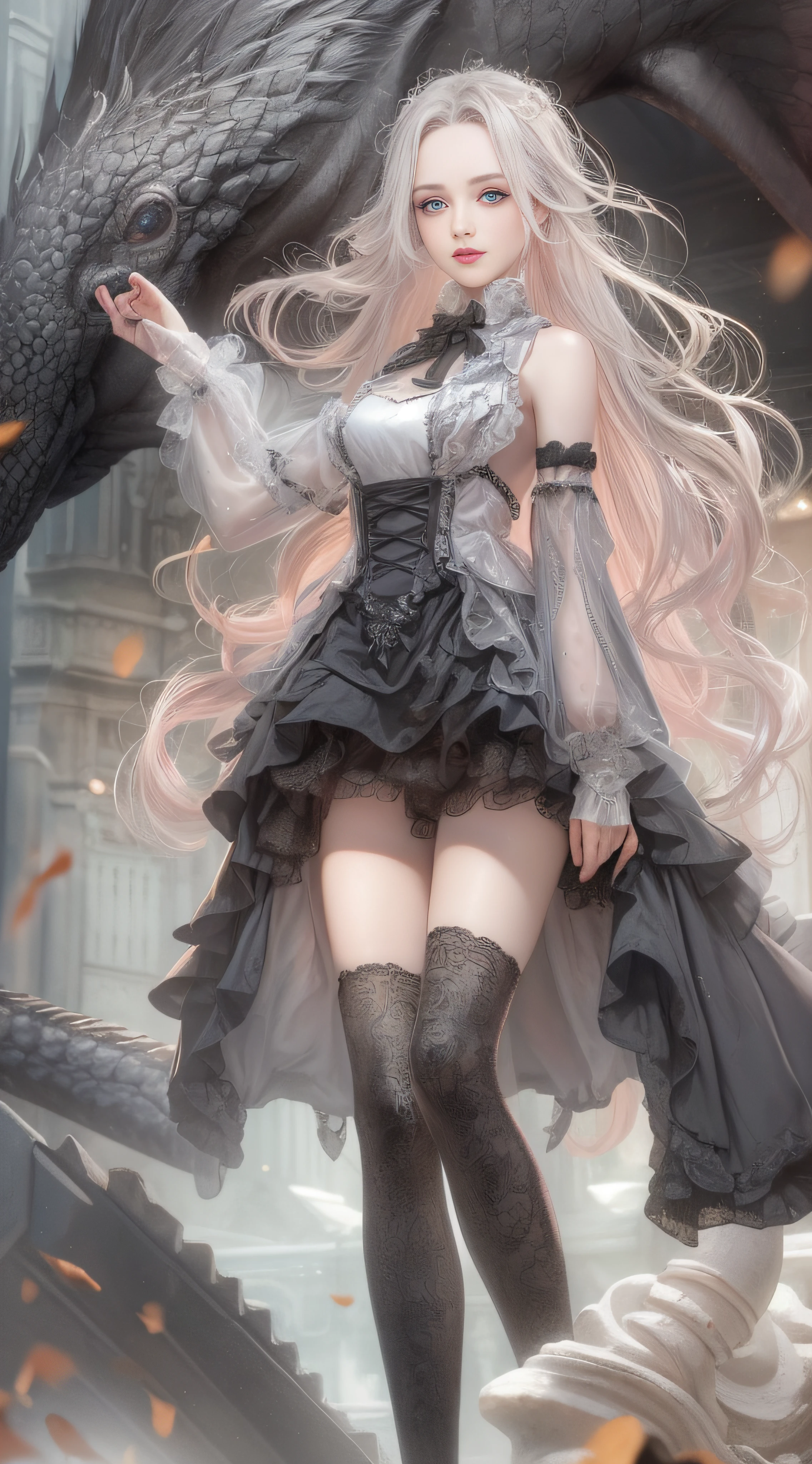 (((Masterpiece))), (((top quality))), (((super detailed))), Fighting a dragon on a castle, holding a very large gothic designed sword, very dark and spooky castle, dark light of the moon, One woman in Gothic Lolita fashion, 14 years old,   ??????? (beautiful grey eyes, very large slit eyes, delicate, lonely, beautiful eyes, very long eyelashes, thin nose, small mouth, thin lips, thin body, slightly long neck, slightly thin shoulders, long thin arms, long thin legs), accurate pose (facing forward Accurate make-up (unhealthy complexion, natural make-up, light brown eyeshadow, very light pink blush, natural and natural very light pink lipstick), accurate skin (translucent white, perfectly smooth skin texture), accurate hair (bright clean silver hair, curls vertically, long, windswept hair), accurate outfit (black dress with ruffles and lace with Shoulders are visible), accurate lighting (Very dark light, oblique lighting) photographic equipment (SLR, single focus lens), settings (f/1.8, S400, ISO 100), accurate full-body, highly photorealistic,