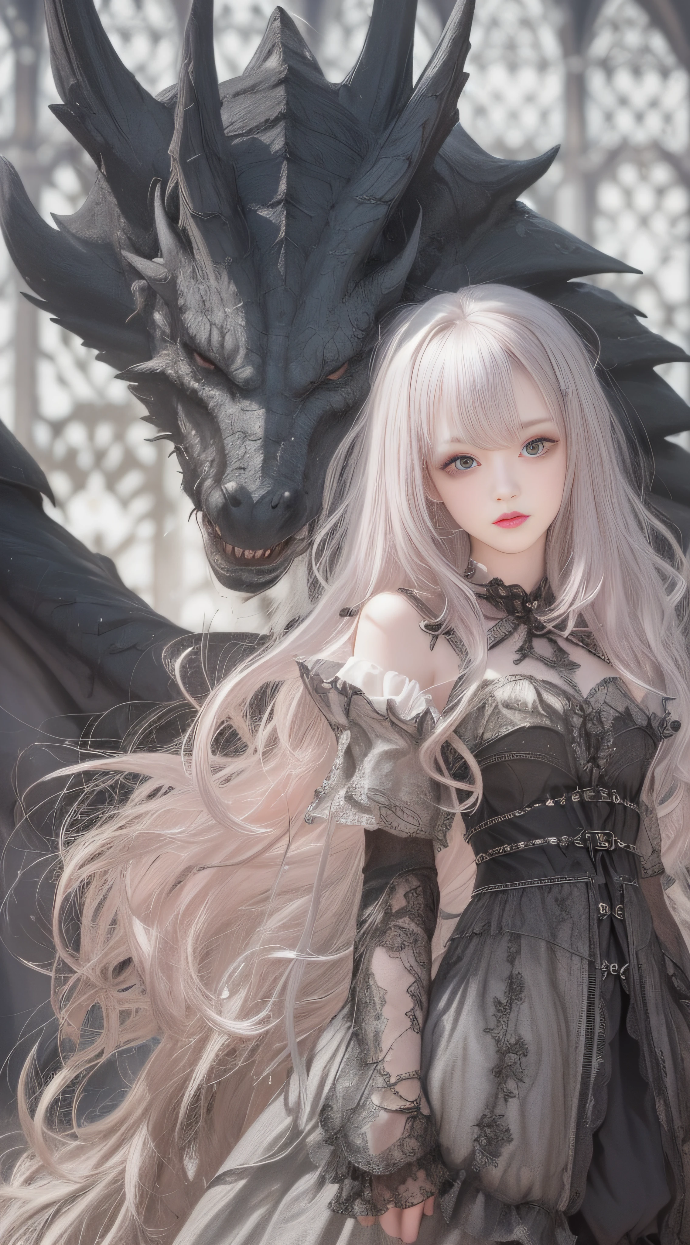 (((Masterpiece))), (((top quality))), (((super detailed))), Fighting a dragon on a castle, holding a very large gothic designed sword, very dark and spooky castle, dark light of the moon, One woman in Gothic Lolita fashion, 14 years old, anatomy (beautiful grey eyes, very large slit eyes, delicate, lonely, beautiful eyes, very long eyelashes, thin nose, small mouth, thin lips, thin body, slightly long neck, slightly thin shoulders, long thin arms, long thin legs), accurate pose (facing forward Accurate make-up (unhealthy complexion, natural make-up, light brown eyeshadow, very light pink blush, natural and natural very light pink lipstick), accurate skin (translucent white, perfectly smooth skin texture), accurate hair (bright clean silver hair, curls vertically, long, windswept hair), accurate outfit (black dress with ruffles and lace with Shoulders are visible), accurate lighting (Very dark light, oblique lighting) photographic equipment (SLR, single focus lens), settings (f/1.8, S400, ISO 100), accurate full-body, highly photorealistic,