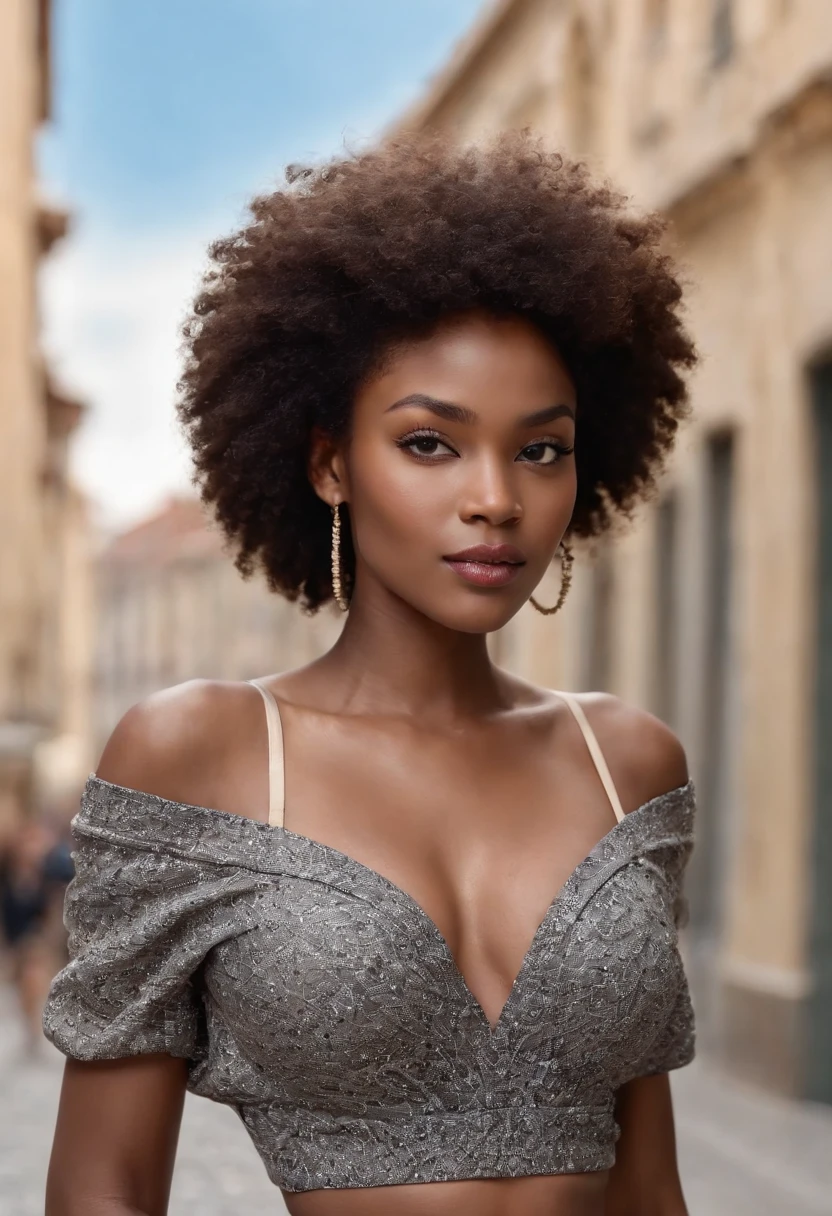 ((Peau claire africaine, Very deep ebony skin)), ((Its beauty is undeniable)), ((Excited cute face)), ((Hyper detailed perfect eyes,)), ((Pose mignonne)), ((Langue sortie)), ((Seductive )), sexy, ((Women's V-neck Short Sweater, shorts courts sexy)), ((African long curly hair afro ponytail,)), (( peau)), ((debout, Vue de face)), ((toucher son  propre sac a main dans une pose sexy)), ((dehors, Ville publique)), Sharp Focus CGI, photoreallistic, High detail, Realstic, Masterpiece, absurdes, Best quality, Hdr, High quality, high-definition, Extremely detailed, 8k wallpaper, Intricate details, 8K UHD, Full-HD, (photo realist:1.2), contraste, intense illumination, lighting cinematic, natural lighting, hard light, contre-jour, Illumination globale, occlusion ambiante