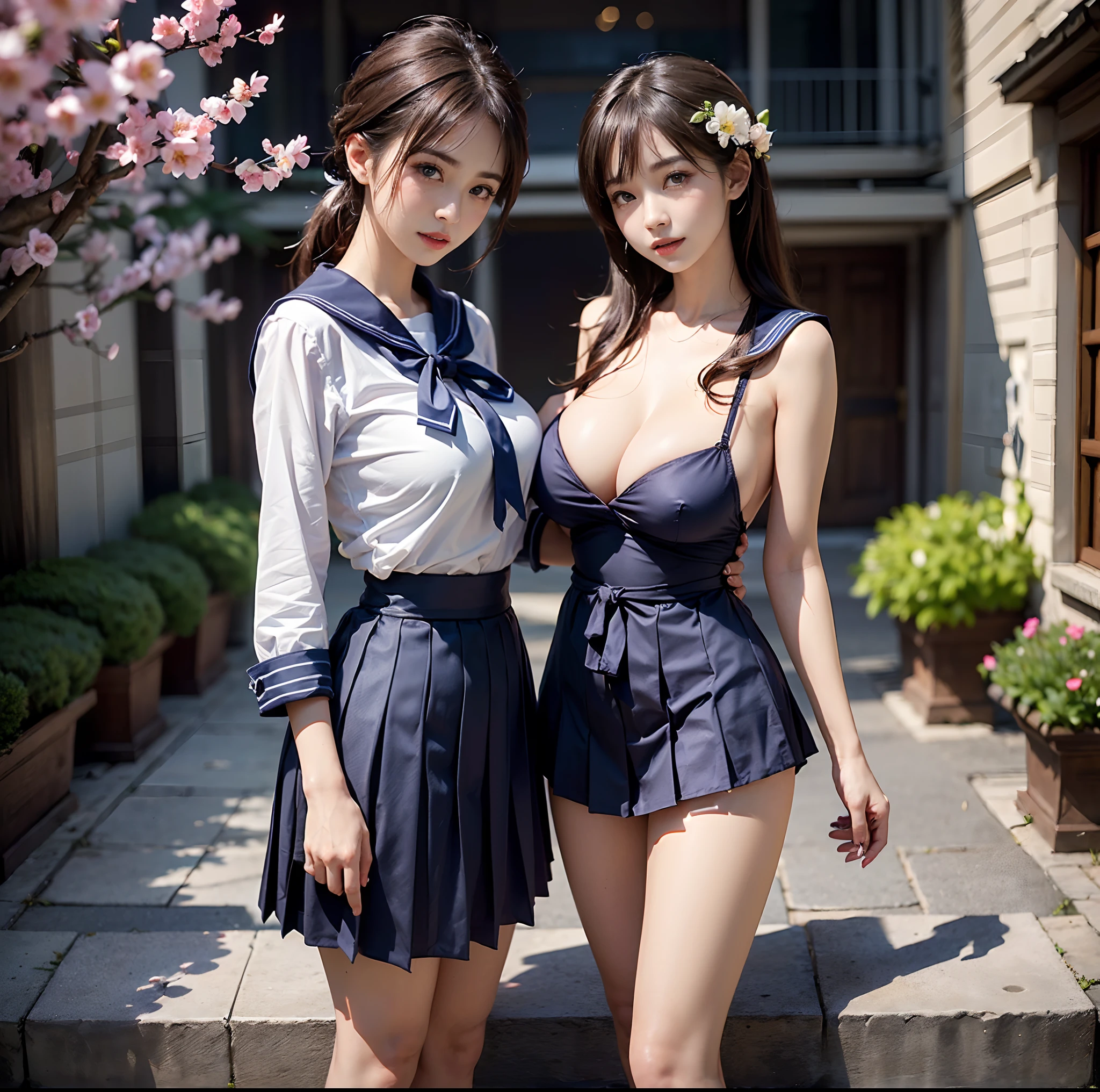 (top-quality)、 (masterpiece)、(Professional lighting with fewer shadows)、 (A hyper-realistic)、 (perfect anatomia)、 (In front of the camera、There are two women、Forward and backward、Crying Kuroko、That and bangs and forehead), ( Huge breasts:1.3), (Bright and even whitening skin without wrinkles and steps), (Beautiful blue eyes with long eyelashes and red tear bags)、 (Her outfit wears a cramped sailor suit、A micro mini-length pleated skirt is directly on top of her nakedness:1.5), (Two people are surrounded by flowers, Face the front in front of the camera and proudly stick out your chest:1.3), (Another person on the other side、arcuatewith waist, Expose your buttocks with your back turned:1.2), (One hand behind the head, A beautiful face is a beautiful smile with lowered eyebrows:1.2),