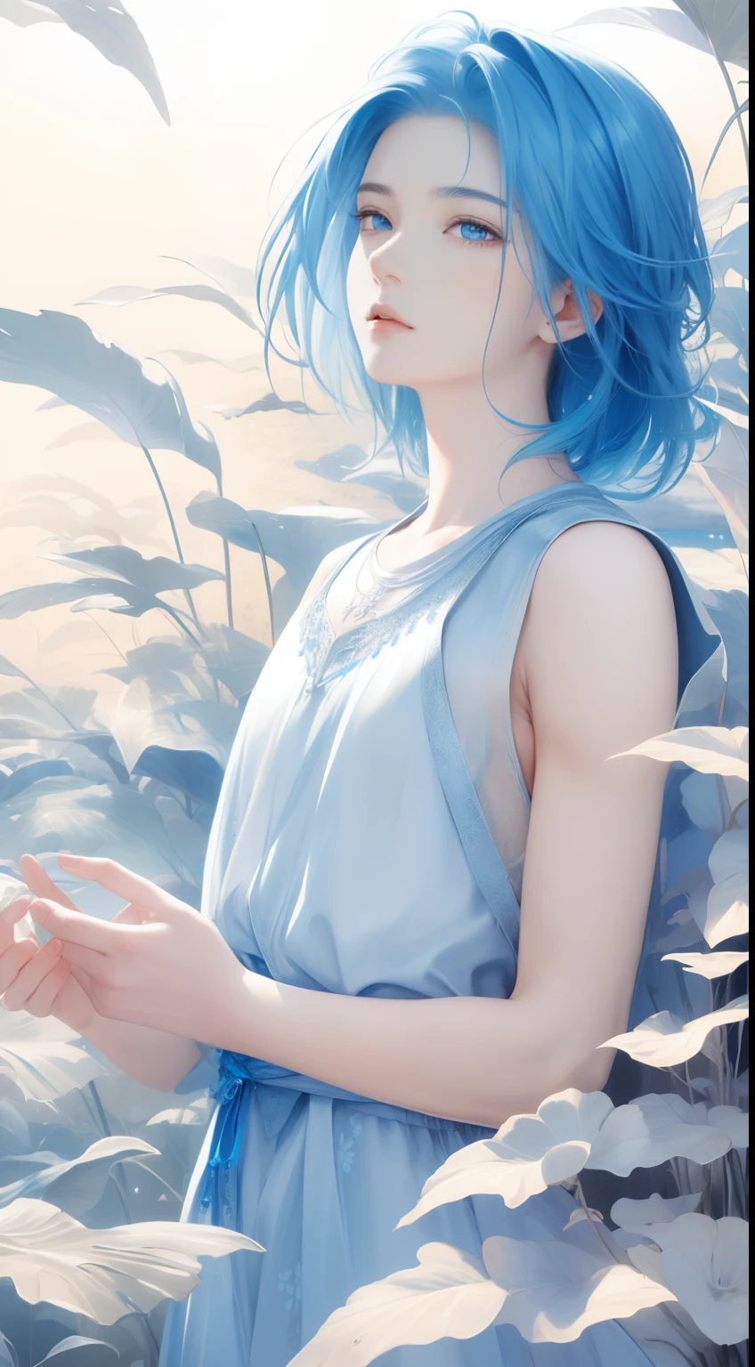 Beautifully drawn, High quality, Ultra-detailed CG illustration of a young man with a calm expression, Gaze into the distance，His striking light blue hair fluttered gently in the desert breeze. The landscape behind him is vast and breathtaking, Transports viewers to a world of wonder and exploration.