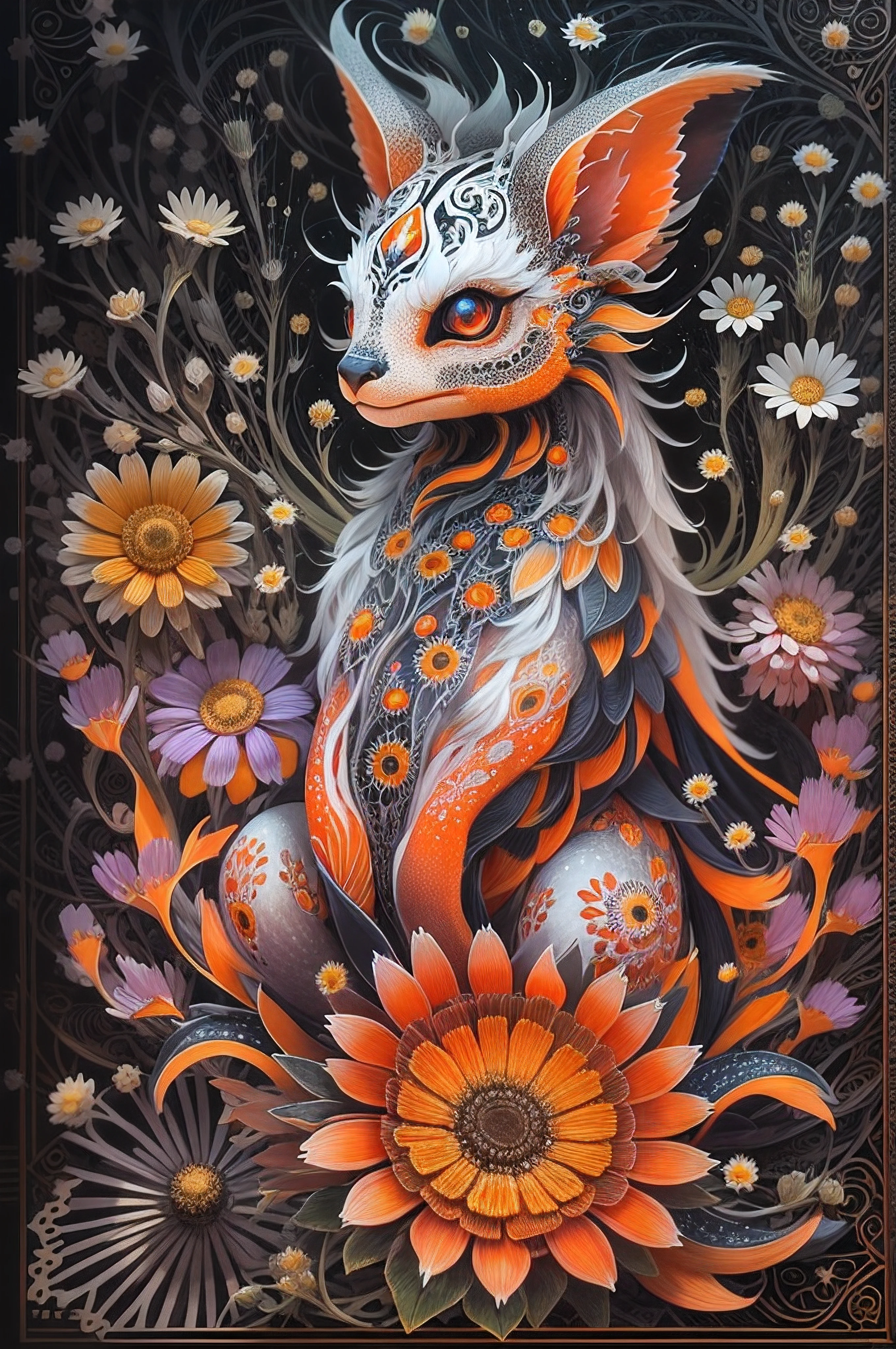 Think of a creature from the mystical world! It looks so beautiful. Amazingly glowing. This creature is incredible (adorable), Intricately detailed, The creature holding a bunch of Daisy. Make sure full body in in frame. White and black and red color combinations. The orange colour on creature is glowing. Portrait.