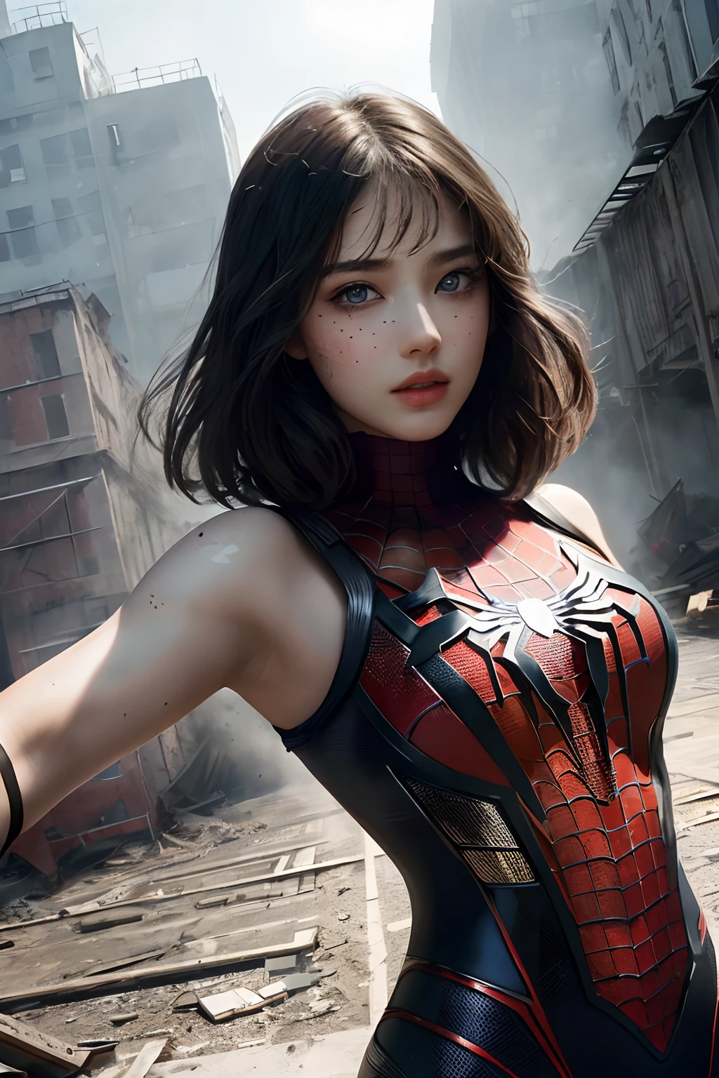 (1girl:1.3), solo, (((extremely detailed face))),(((extremely detailed eyes and face))),beautiful detailed eyes,body-parts__, official art, unified 8k wallpaper, super detailed, beautiful and aesthetic, beautiful, masterpiece, best quality, raw, masterpiece, super fine photo, best quality, super high resolution, photorealistic realism, sunlight, full body portrait, amazing beauty,, dynamic pose, delicate face, vibrant eyes, (from the front), she is wearing a Spider-man suit, red and black color scheme, spider, very detailed abandoned warehouse background, Detailed face, detailed complex busy background, messy, gorgeous, milky white, highly detailed skin, realistic skin details, visible pores, sharp focus, volumetric fog, 8k uhd, DSLR, high quality, film grain, fair skin, photo realism, lomography, huge metropolis in future dystopia, seen from below, translucent