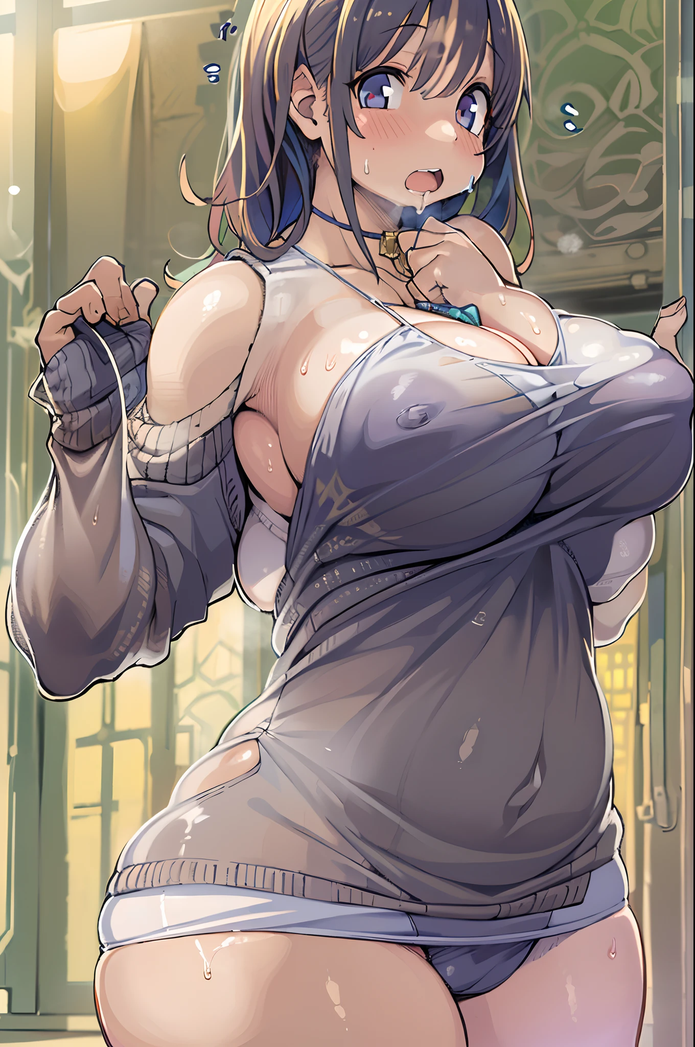 NSFW,masutepiece, Best Quality, 1girl in,  Large breasts, cleavage,, breast curtains,((((huge-breasted))))、((Ultramammy)),(Massive breasts:1.3), busty, Flowing sweat, narrow shoulder,(Impossible sweater:1.04), (see through:1.1), Sleeveless,panties aside,grabbing on breasts